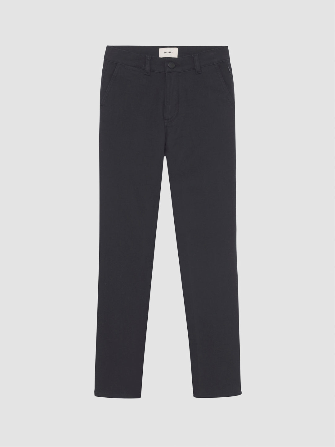 DL1961 boys' Brady Slim chino pants in black 'Black Onyx', flat front view.