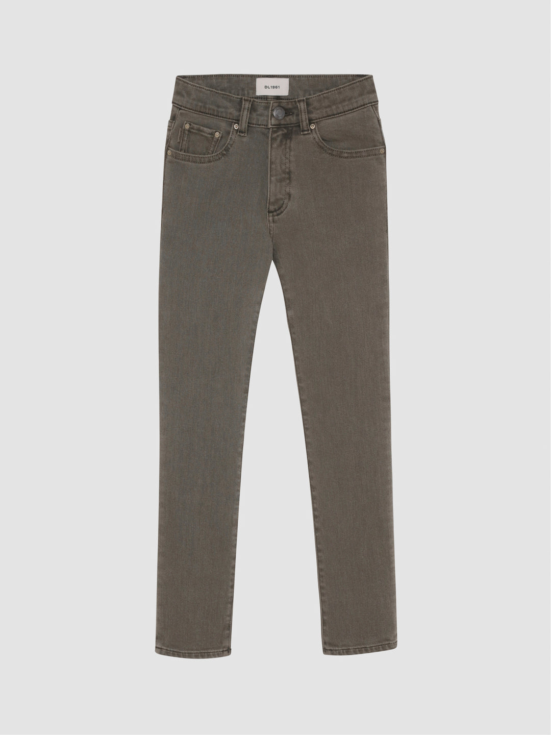 DL1961 boys' Brady Slim jeans in olive-gray 'Outpost', five-pocket, flat front view.