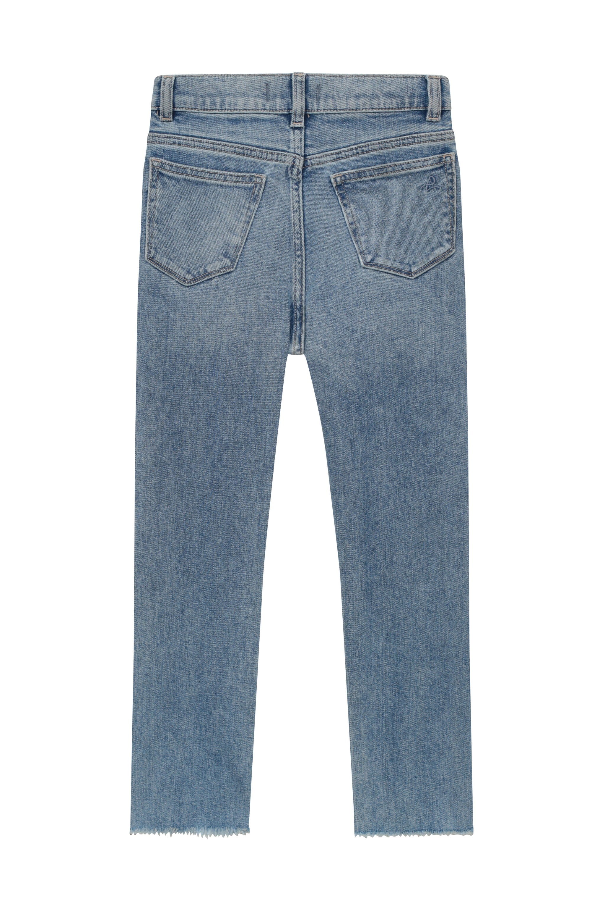 Light blue denim jeans shown from the back, featuring a straight-leg fit, frayed hems, and classic five-pocket styling on a plain white background.