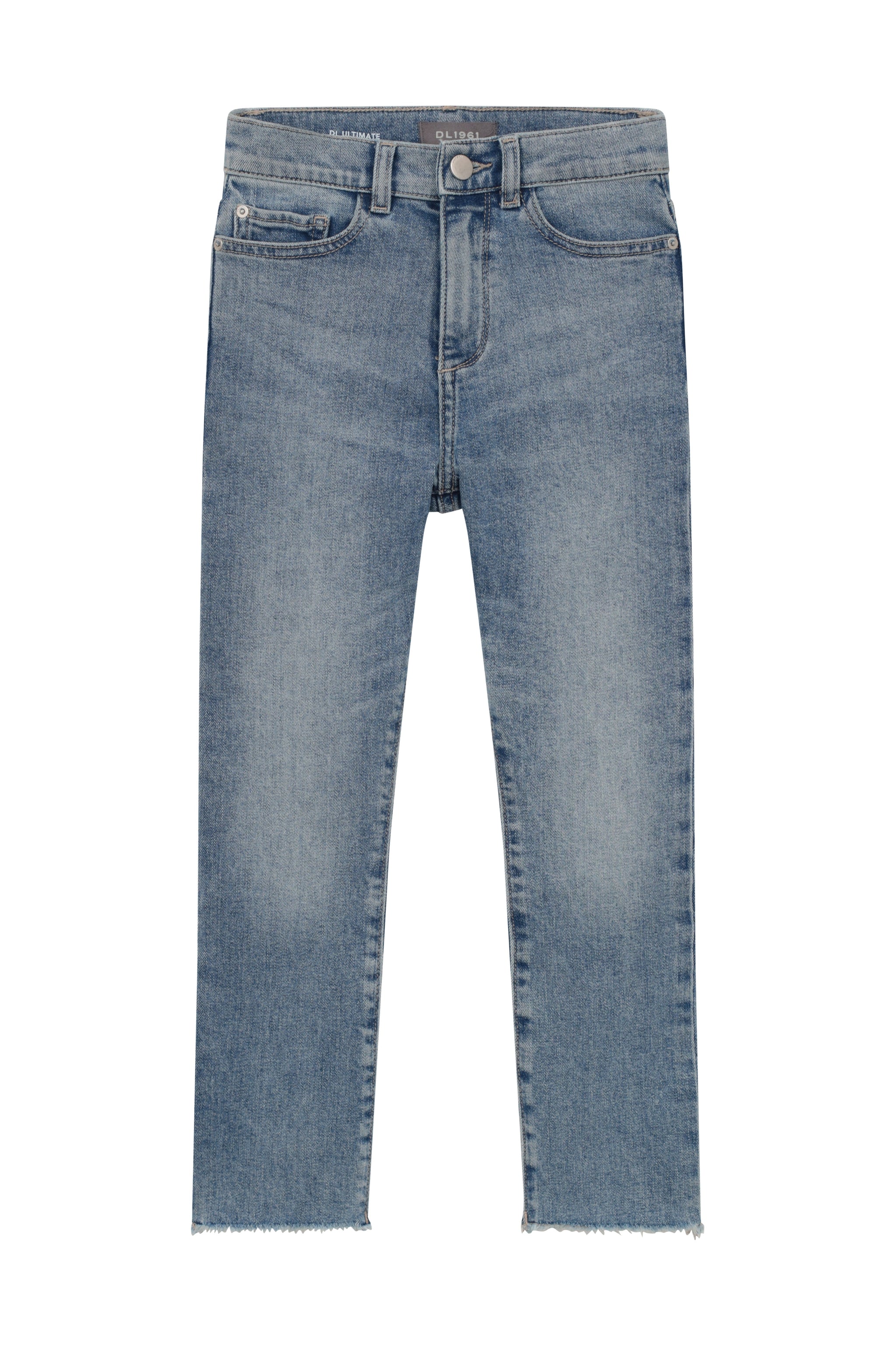 Light blue denim jeans with a straight-leg fit and raw frayed hems, shown flat against a white background.