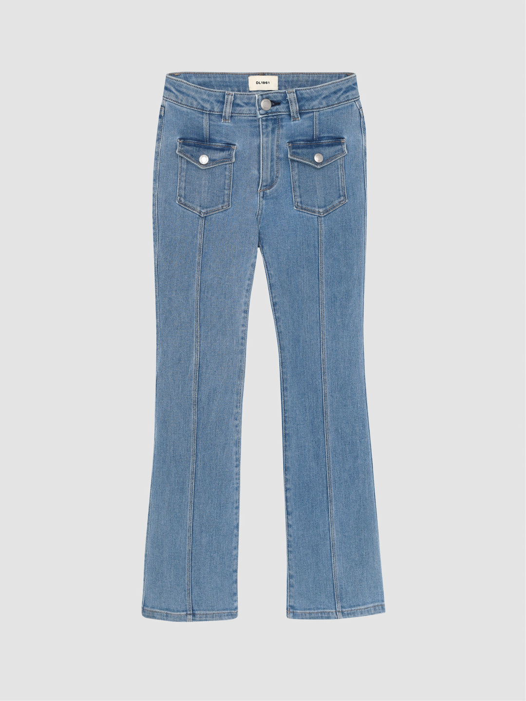 DL1961 girls' Claire bootcut jeans in light blue 'Blue Water' with flap pockets, flat front view