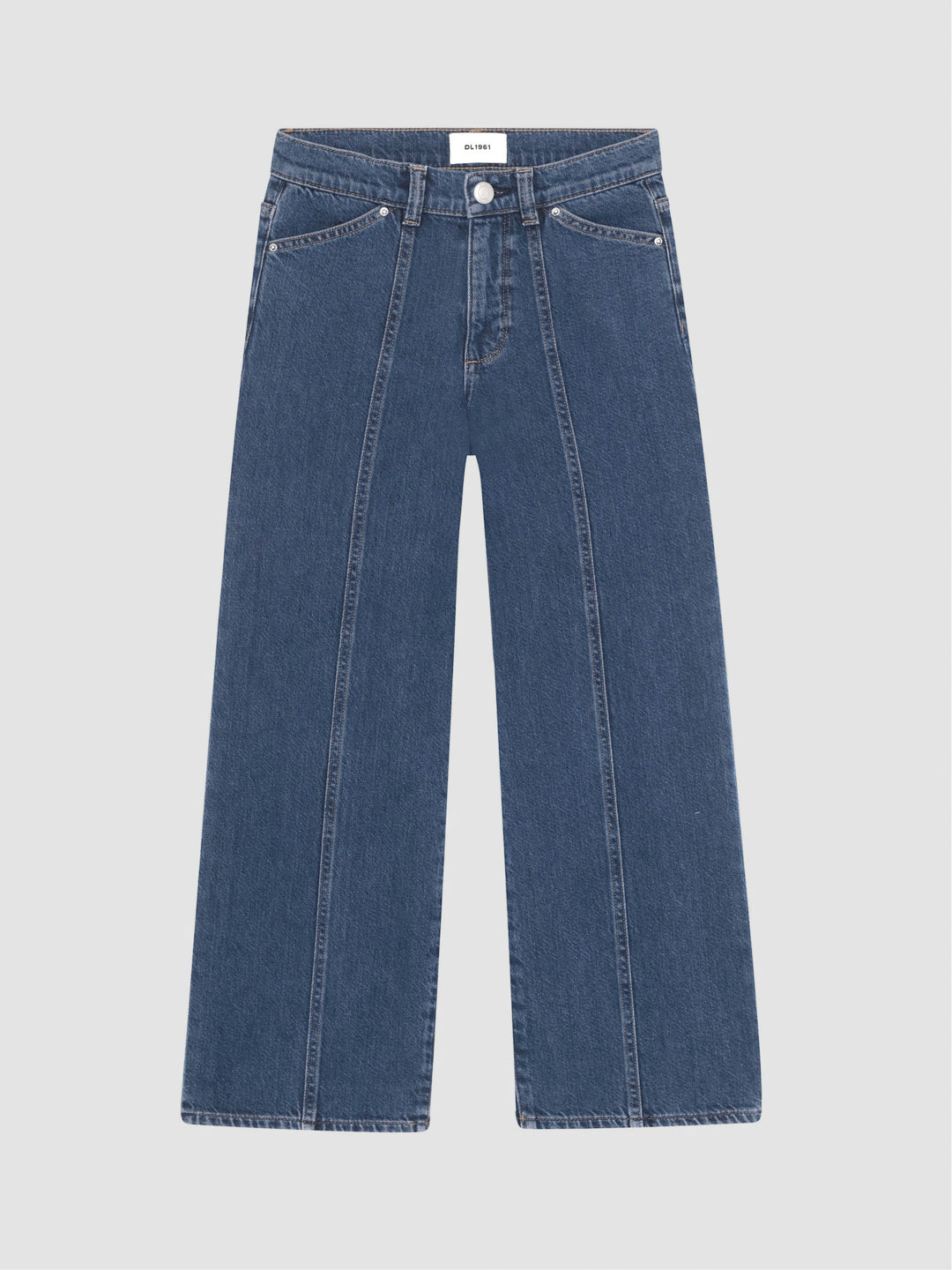 DL1961 girls' Lily wide-leg jeans in medium indigo 'Moon Lake' with front seams, flat front view