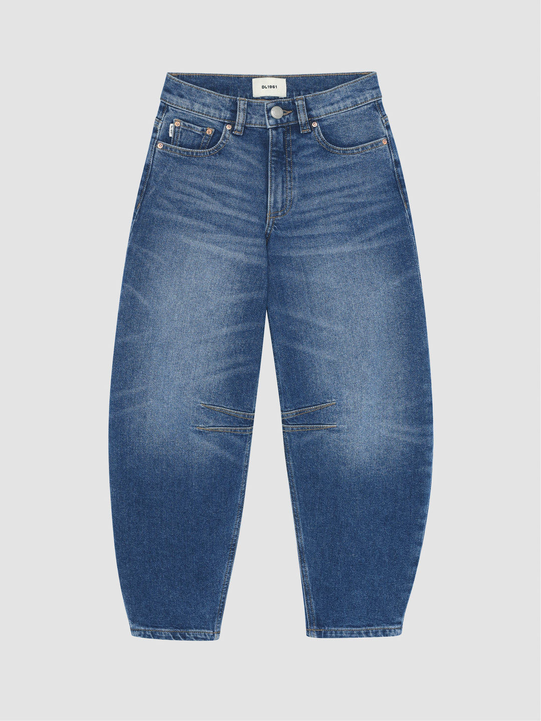 DL1961 girls' Kenzy barrel jeans in medium blue 'North Current', flat front view