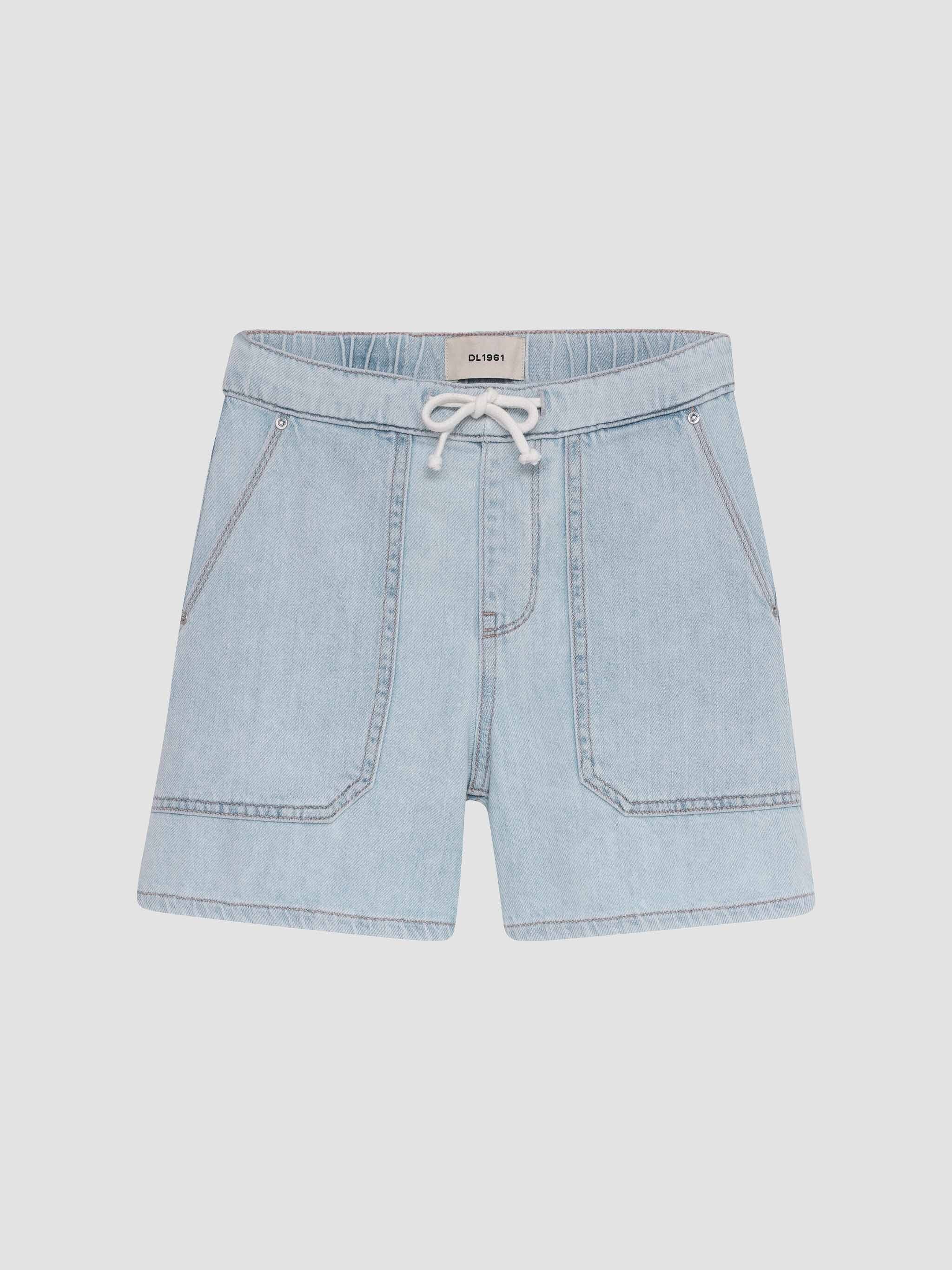 Light blue denim shorts with a drawstring on a light gray background