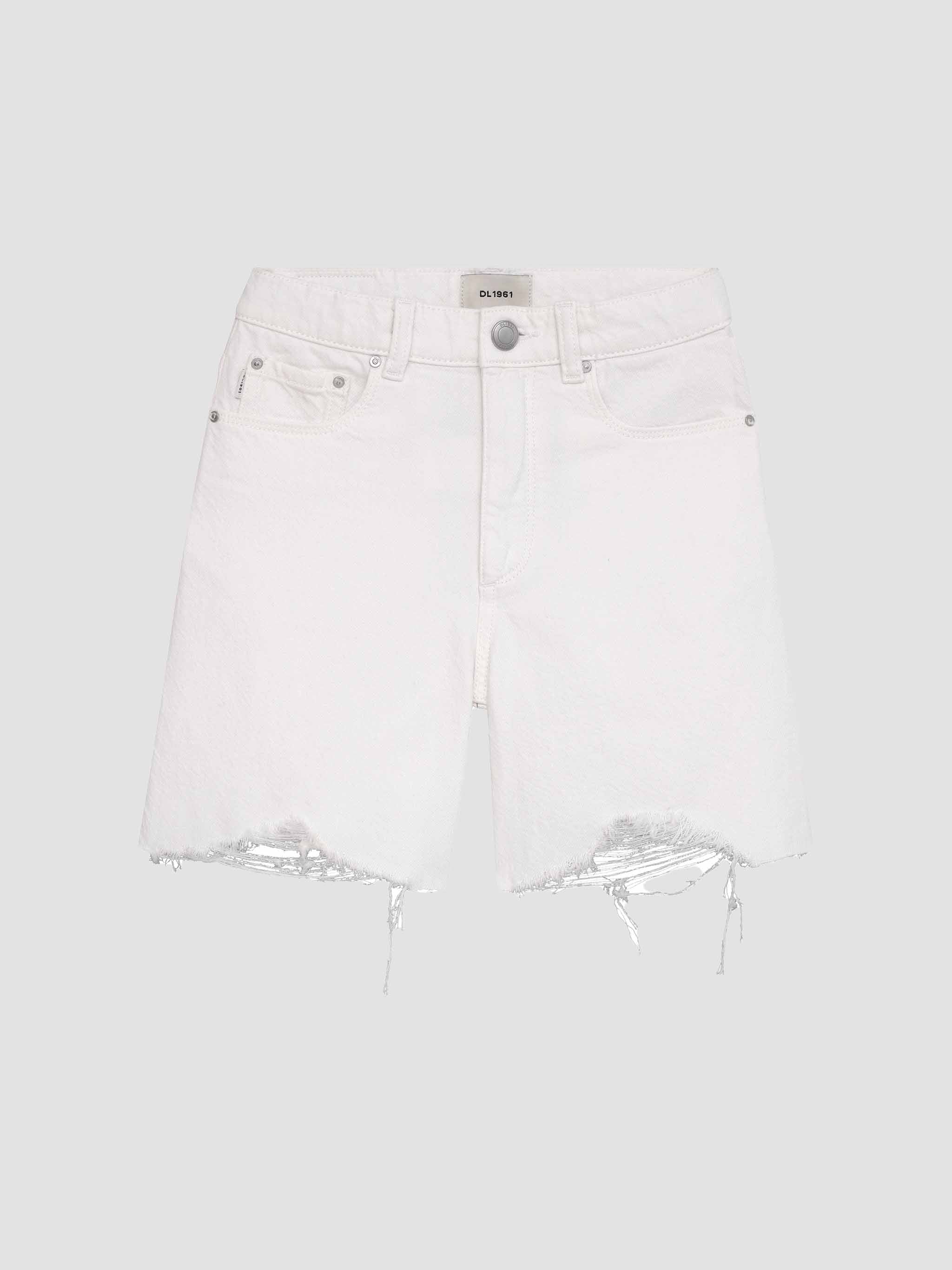 White denim shorts on a light gray background