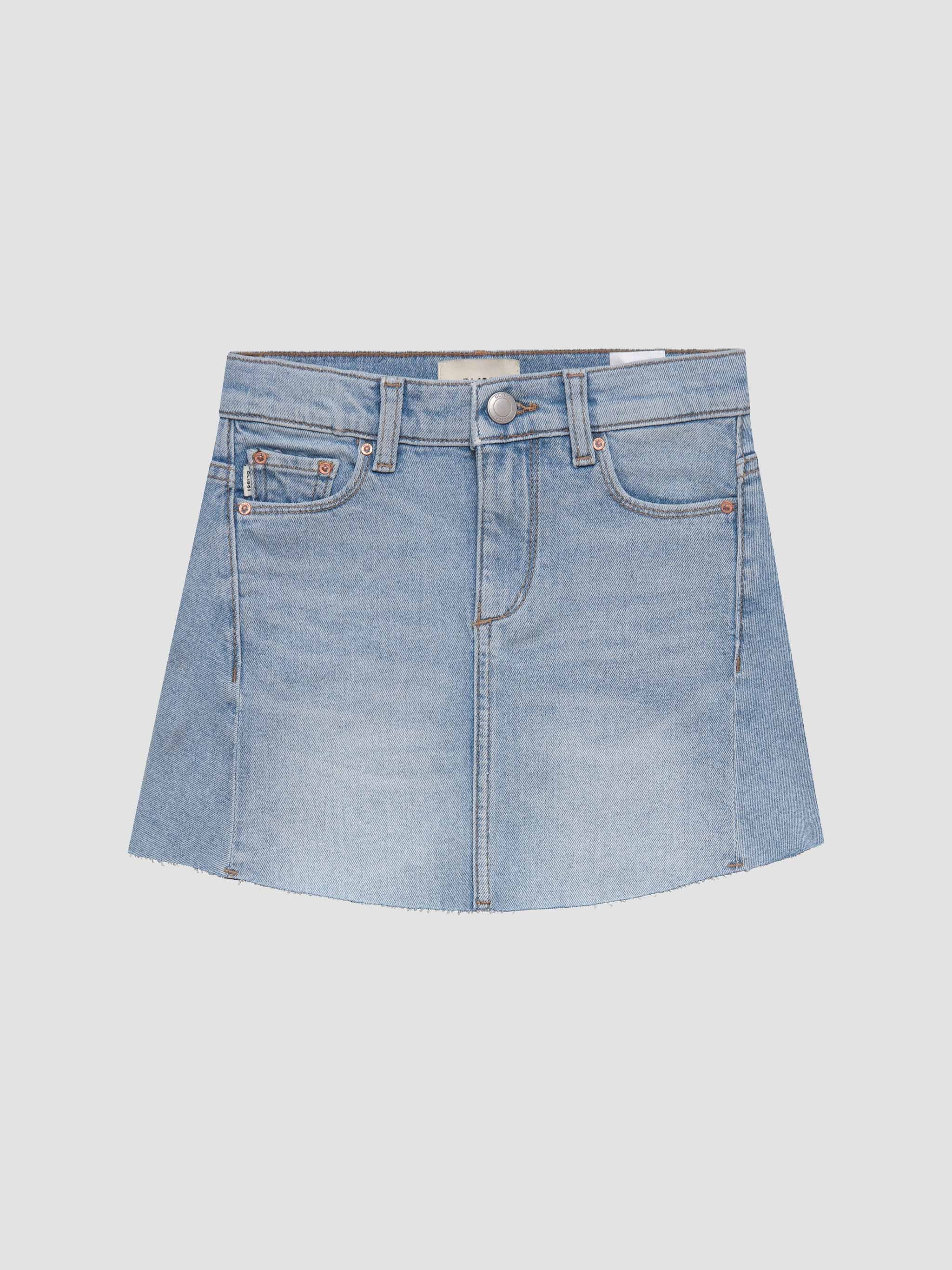 Light blue denim skirt on a light gray background