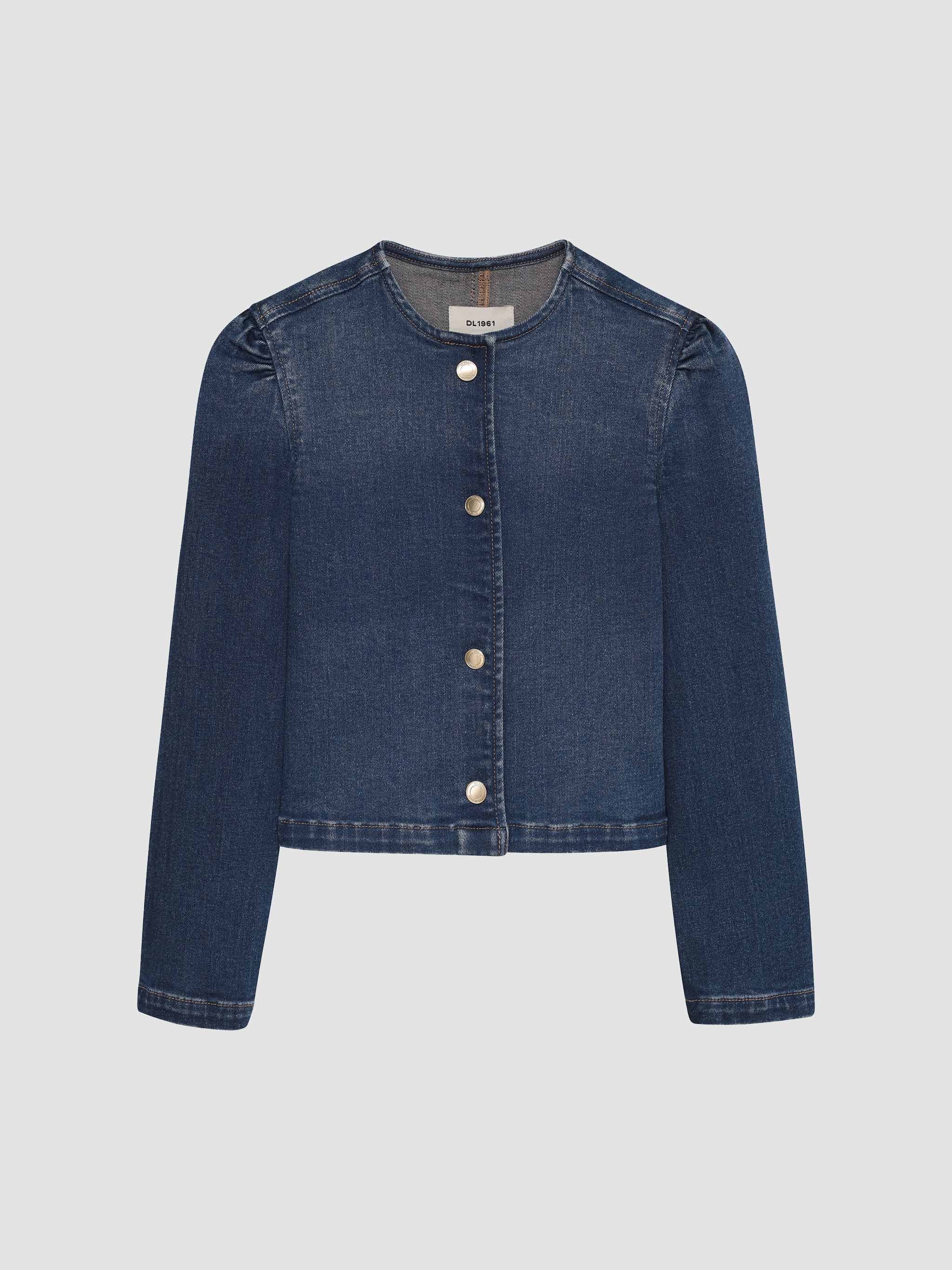Blue denim jacket with buttons on a light gray background