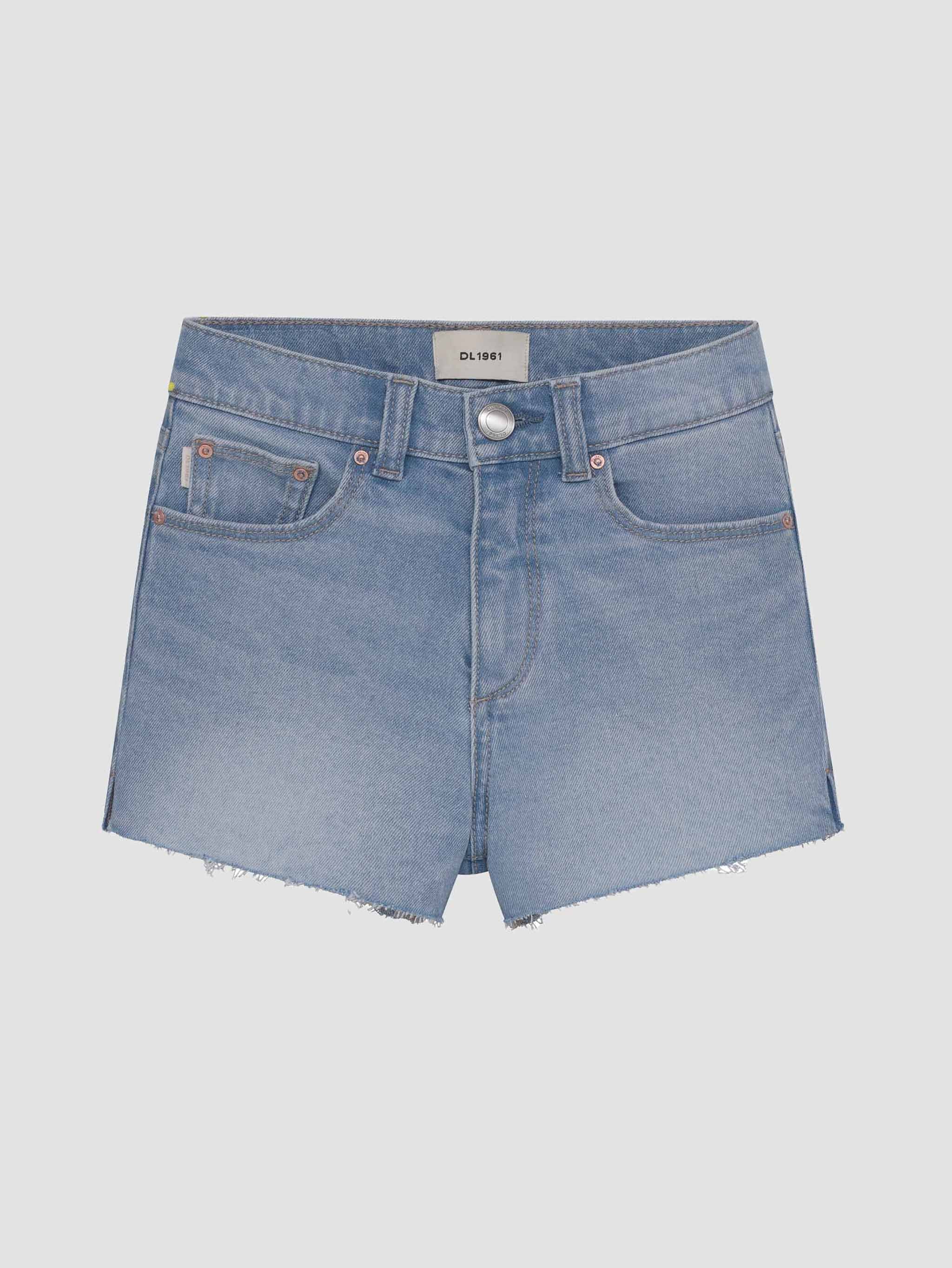 Light blue denim shorts on a light gray background