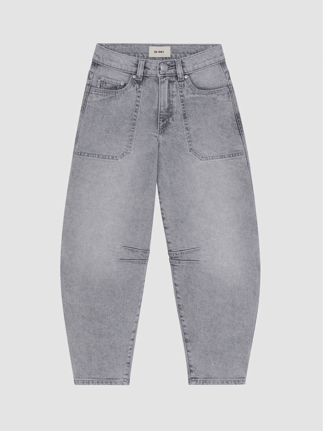 DL1961 girls' Kenzy barrel jeans in light grey 'Moonlight Mist', flat front view