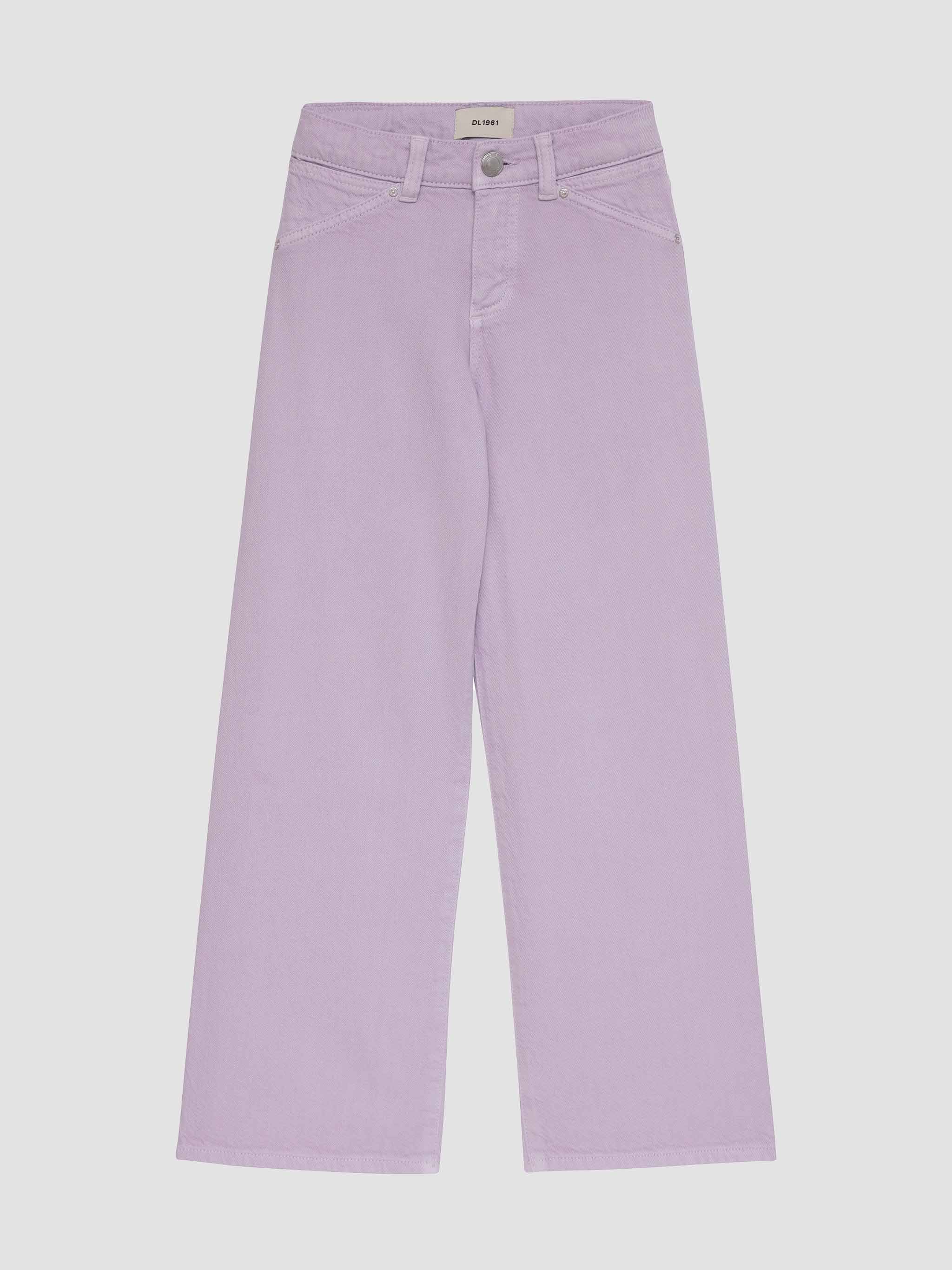 Lavender jeans on a light gray background