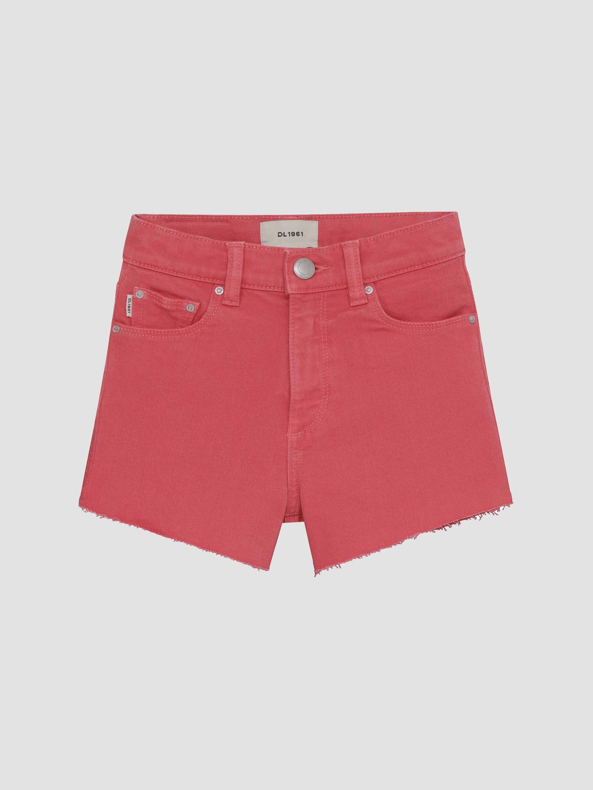 Red denim shorts on a light gray background