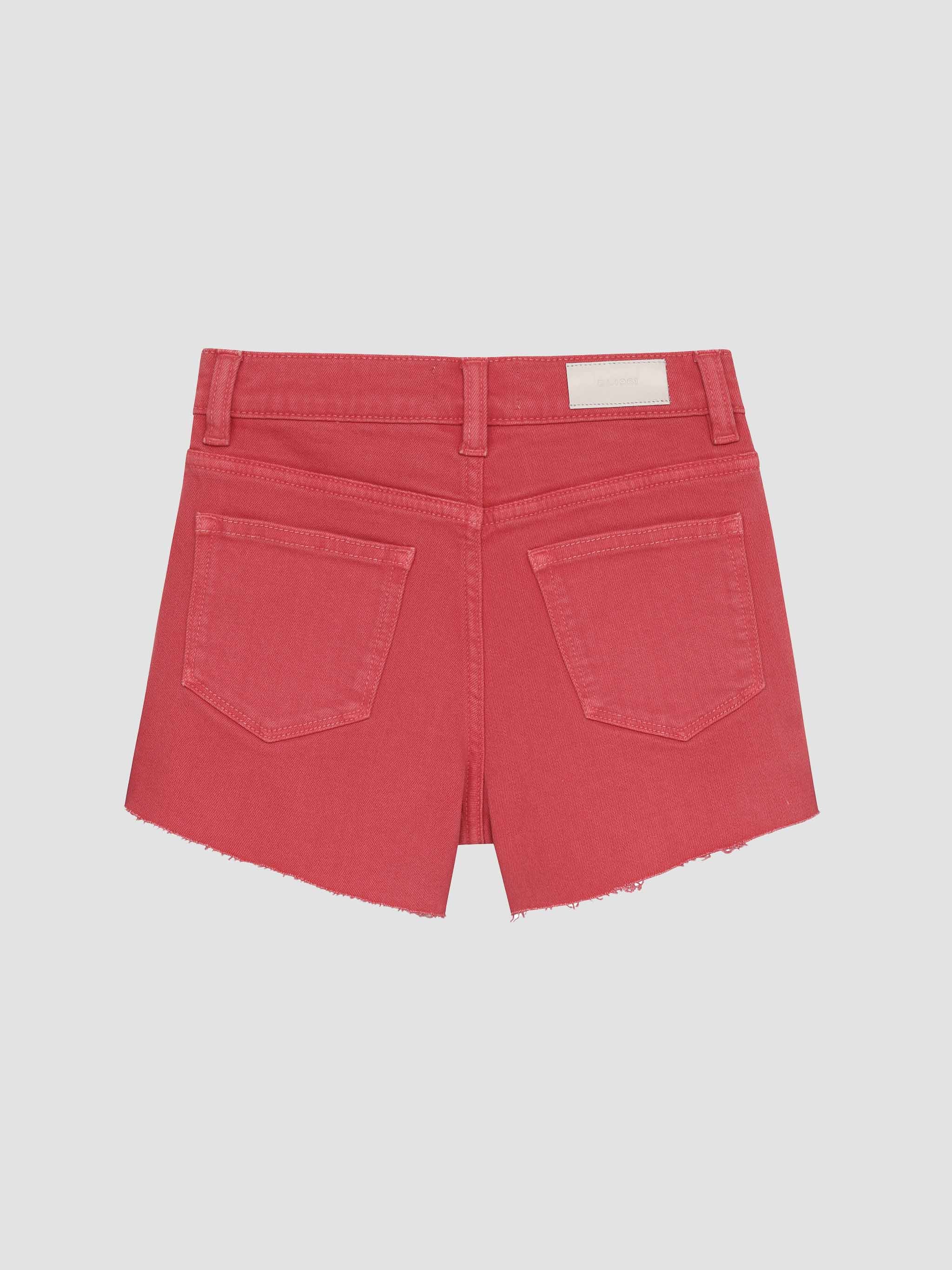 Red denim shorts on a light gray background