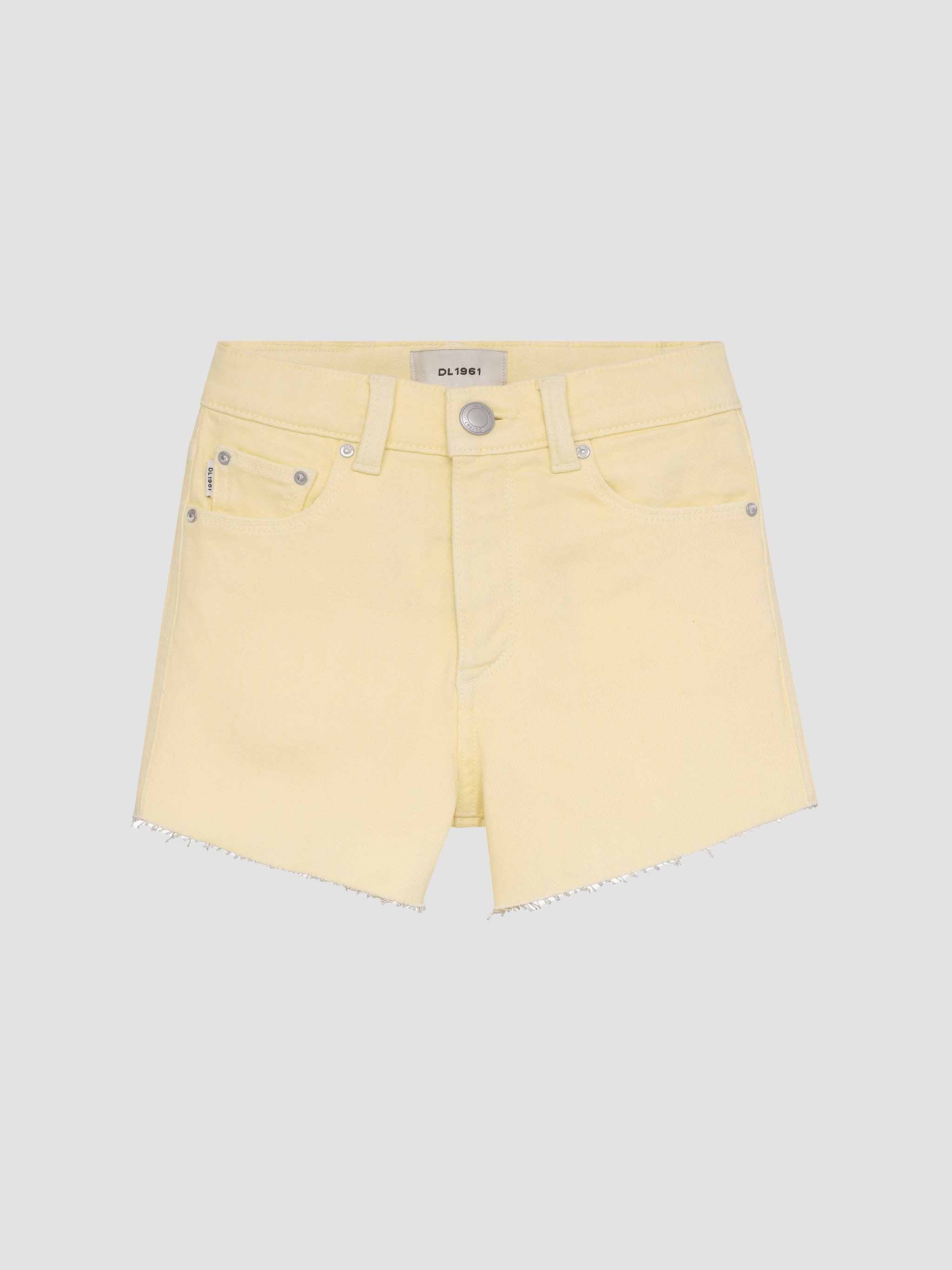 Yellow denim shorts on a light gray background