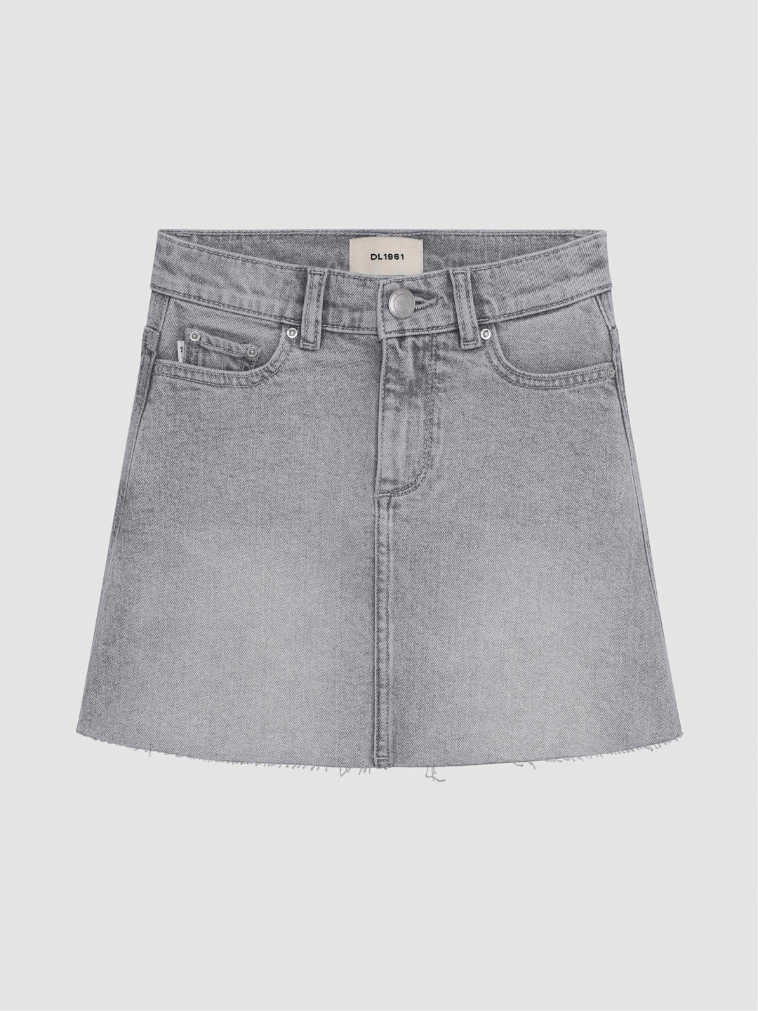 DL1961 girls' Jenny mini skirt in light grey 'Moonlight Mist', flat front view.
