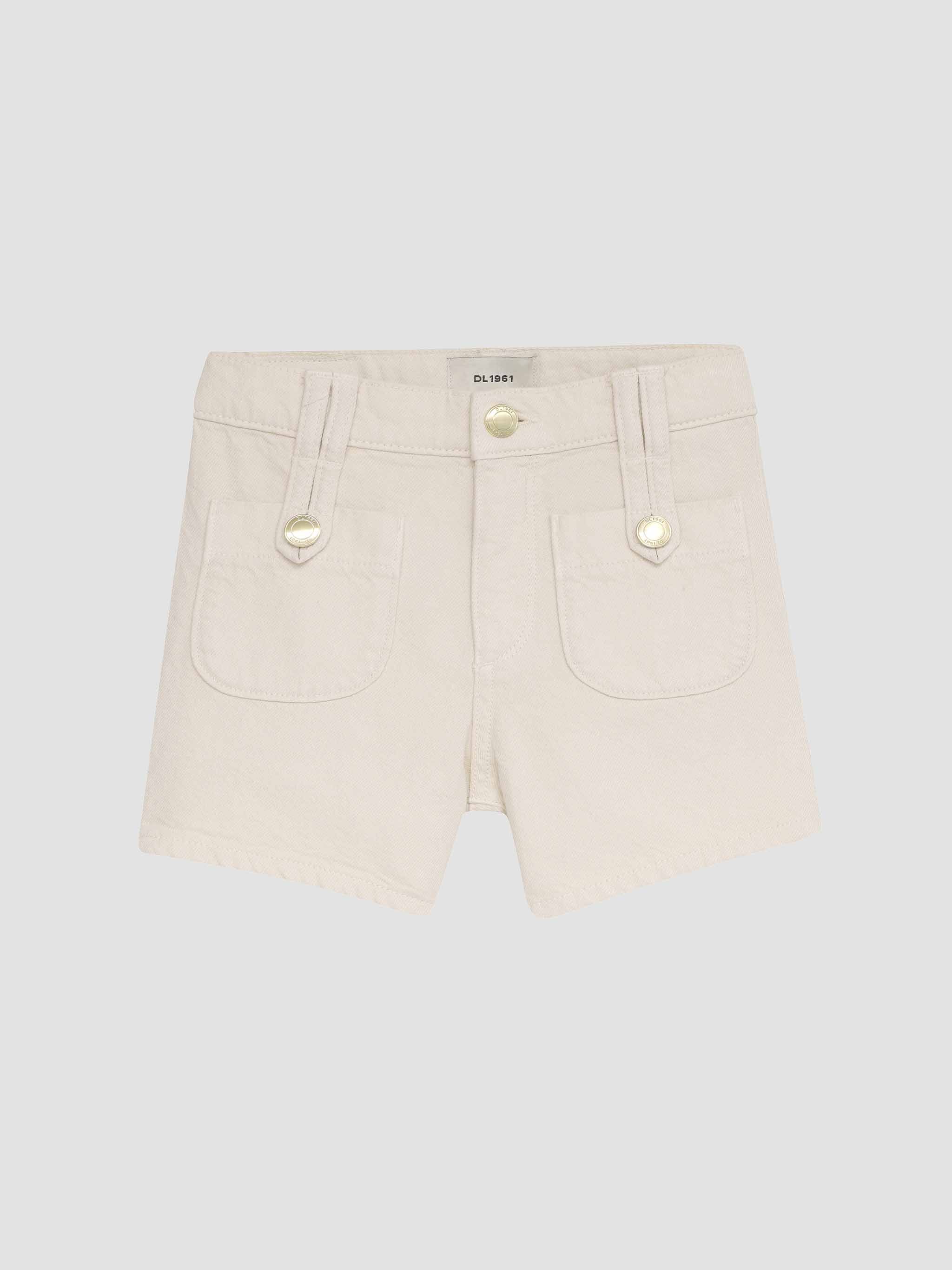 Beige shorts with gold buttons on a light gray background