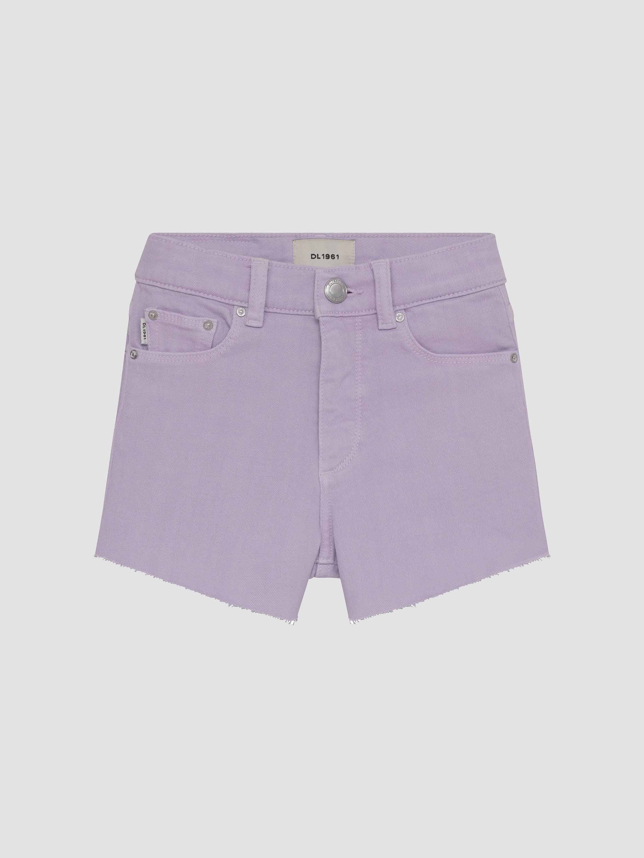 Lavender shorts on a light gray background