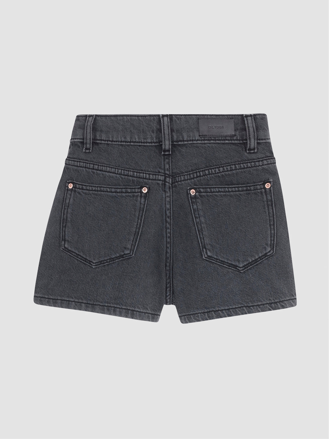 DL1961 girls' Lola skort in washed charcoal 'Nightspell', flat back view showing shorts and five-pocket styling.