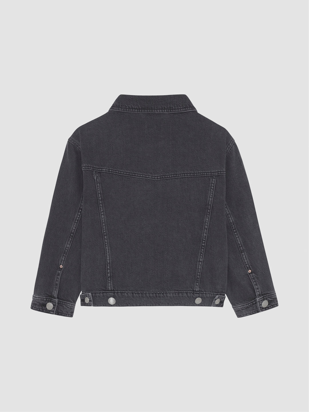 DL1961 girls' Jordyn trucker jacket in washed charcoal 'Nightspell', flat back view with snap-button hem.