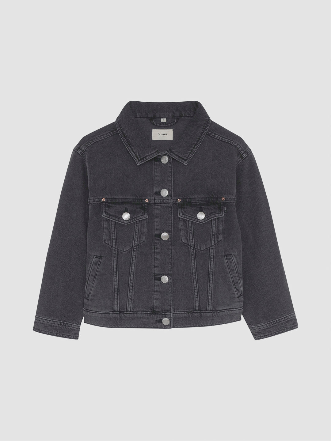 DL1961 girls' Jordyn trucker jacket in washed charcoal 'Nightspell', flat front view with silver buttons.