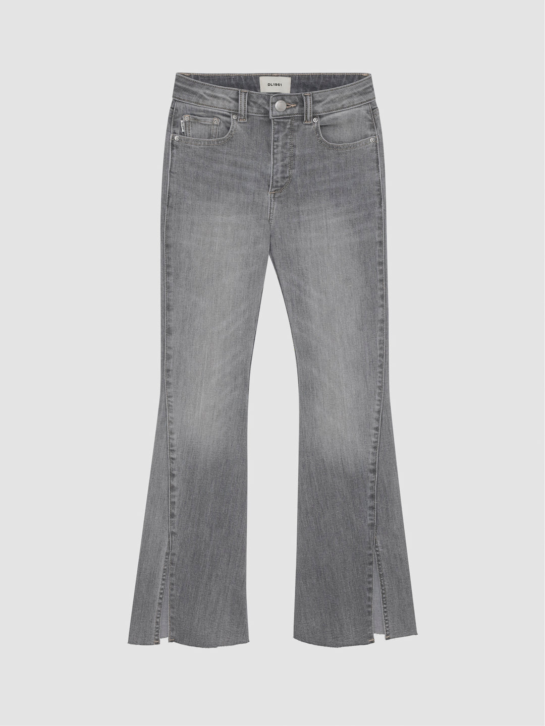 DL1961 girls' Claire bootcut jeans in light grey 'Twister', flat front view with split flare hems.