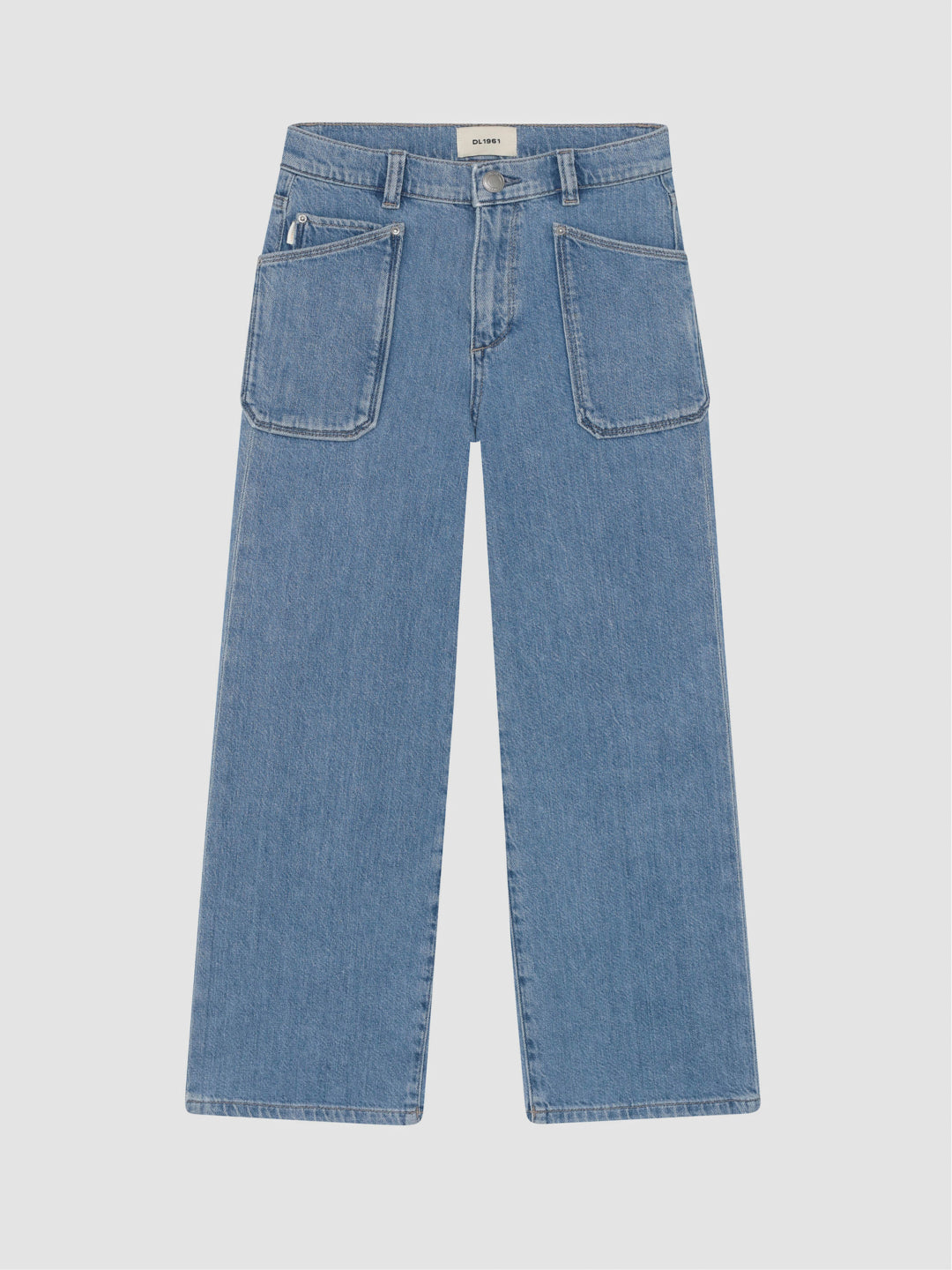 DL1961 girls' Lily wide-leg jeans in light blue 'Sky Fade', flat front view with large patch pockets.