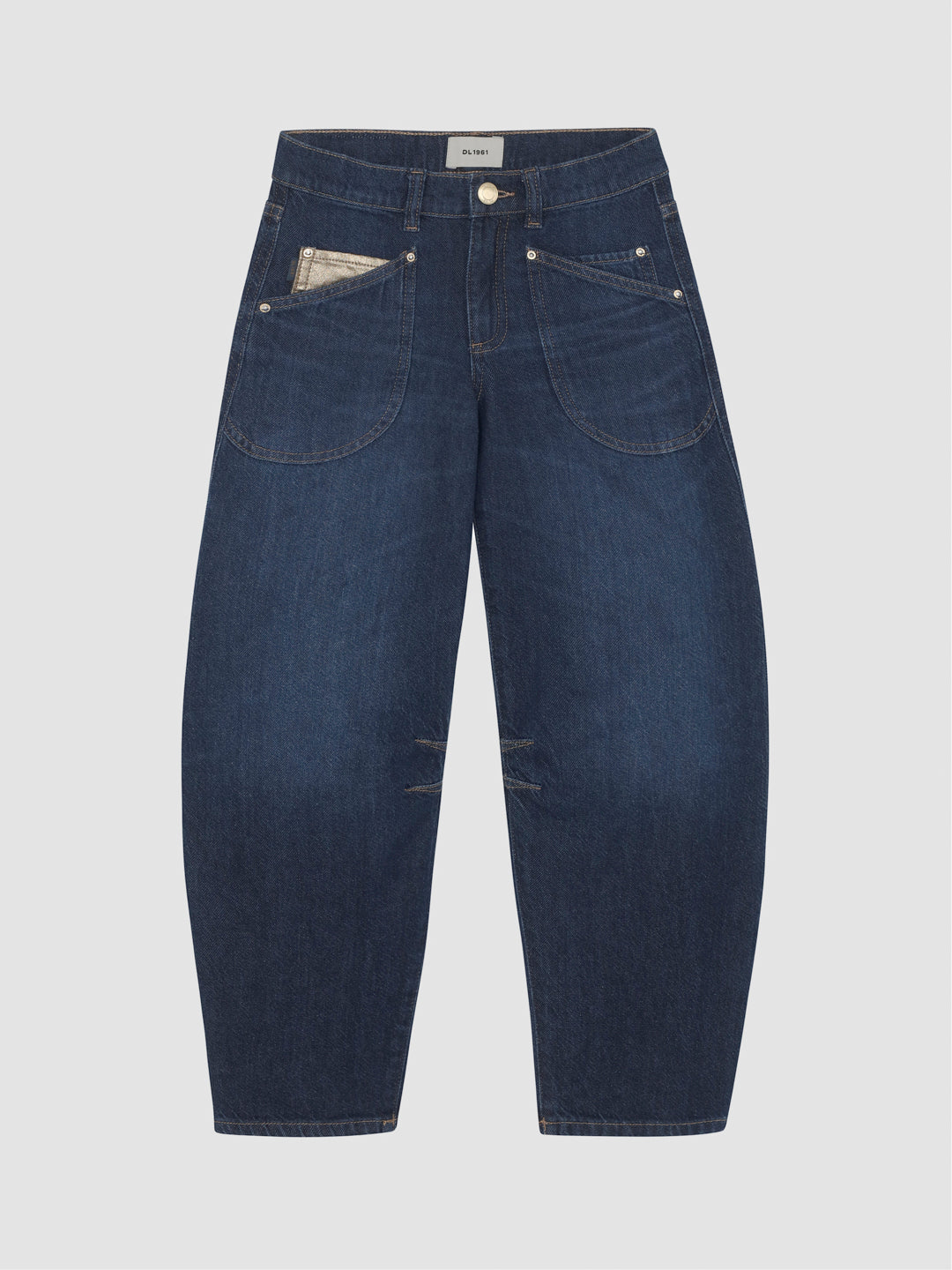 DL1961 girls' Lilia barrel jeans in dark indigo 'Deep Water', flat front view with curved barrel legs.