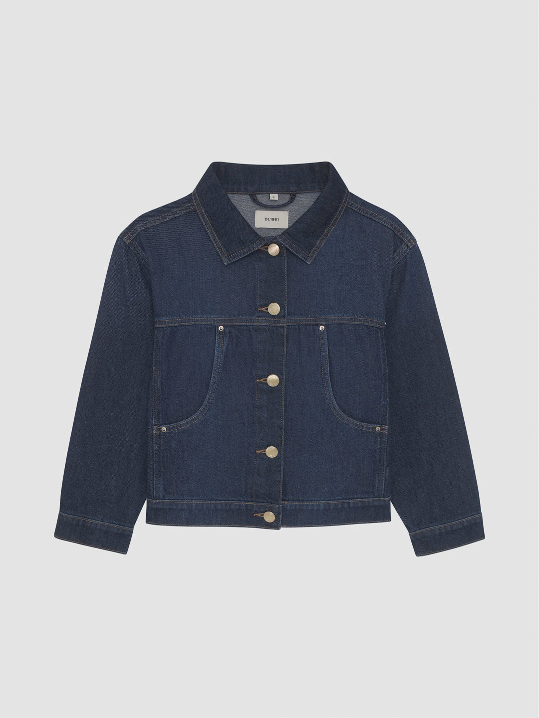 DL1961 girls' Jordyn trucker jacket in dark indigo denim 'Deep Water', flat front view.