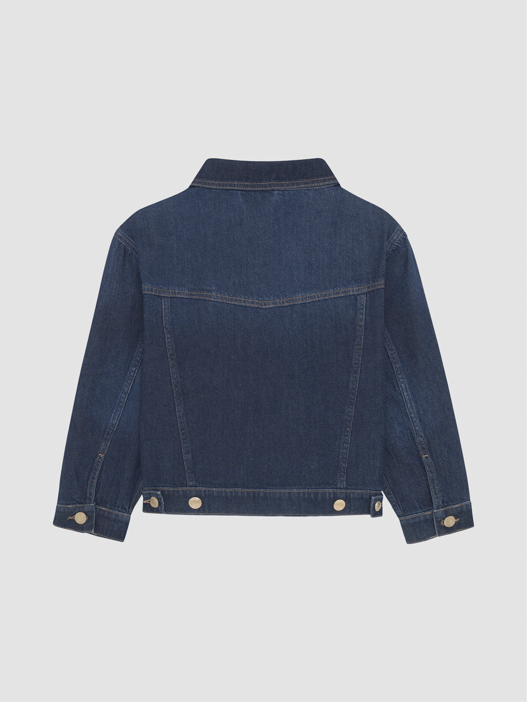 DL1961 girls' Jordyn trucker jacket in dark indigo denim 'Deep Water', flat back view.