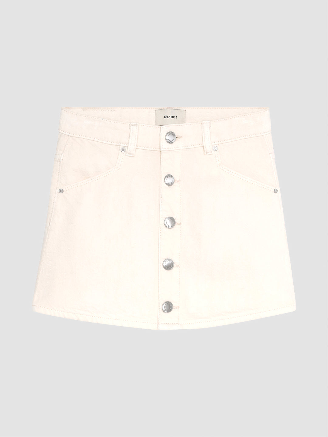 DL1961 girls' Jenny mini skirt in cream denim 'Sugar Cookie', flat front view.