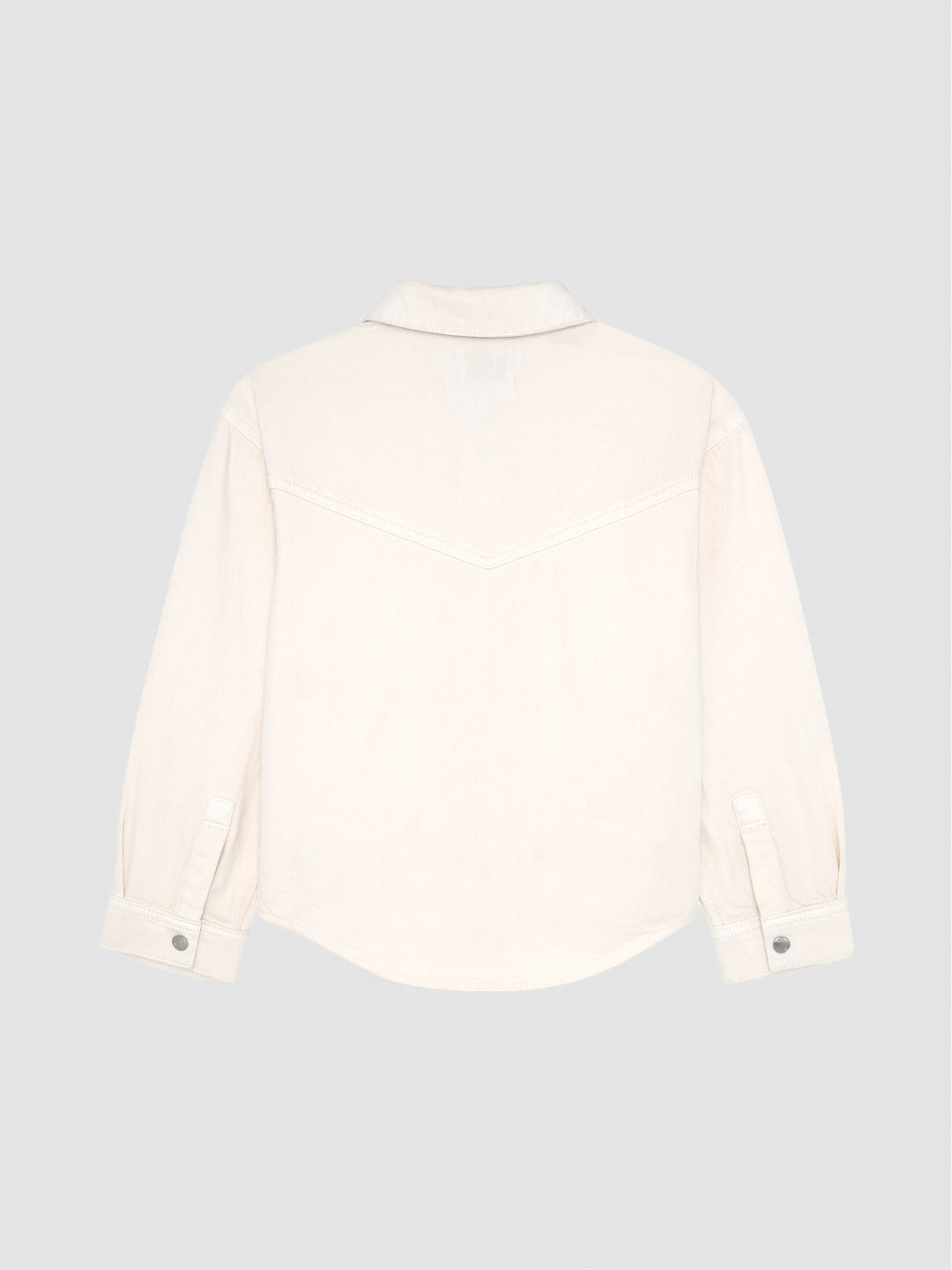 DL1961 girls' Olivia shirt in cream 'Sugar Cookie' with western yoke, flat back view.