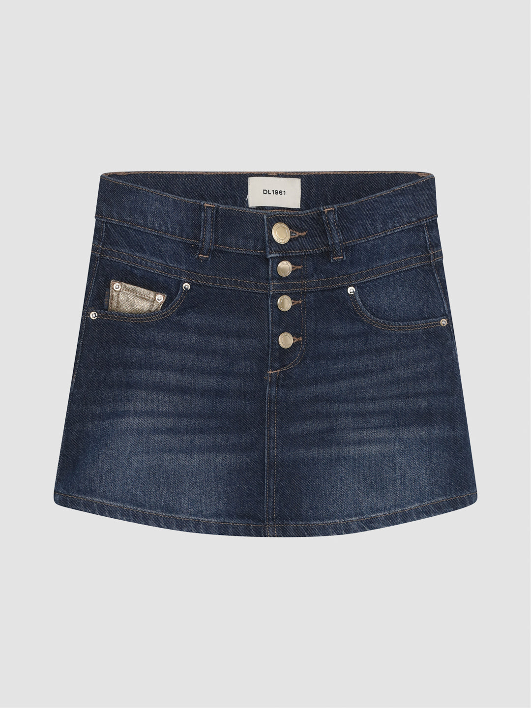 DL1961 girls' Jenny mini skirt in dark indigo denim 'Deep Water', flat front view.