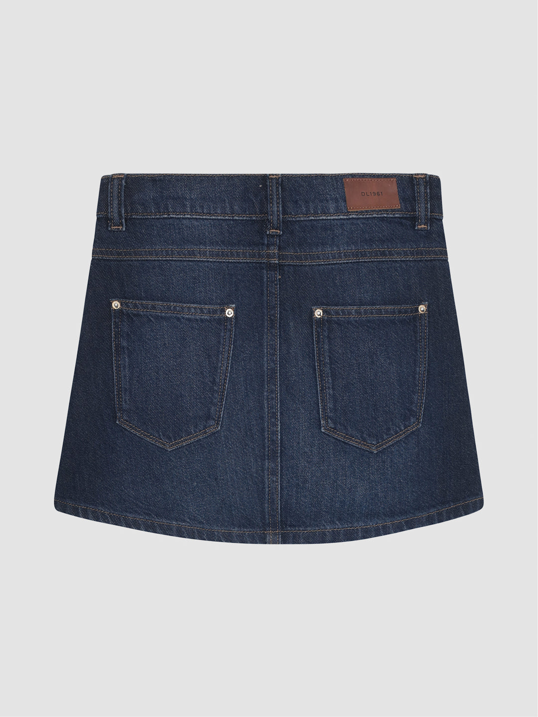 DL1961 girls' Jenny mini skirt in dark indigo denim 'Deep Water', flat back view.