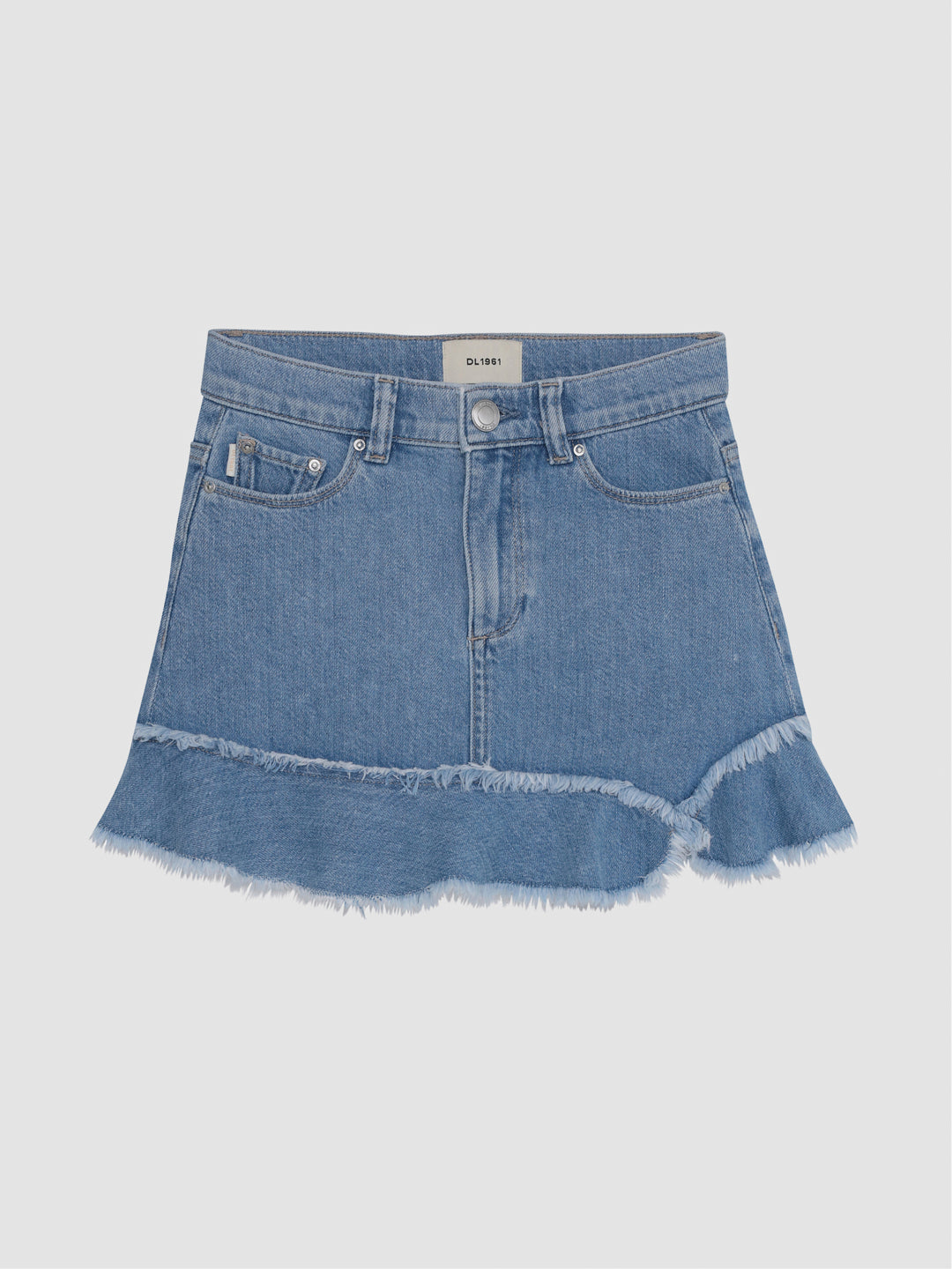 DL1961 girls' Jenny ruffle-hem mini skirt in light blue 'Unraveled' with frayed hem, flat front view.