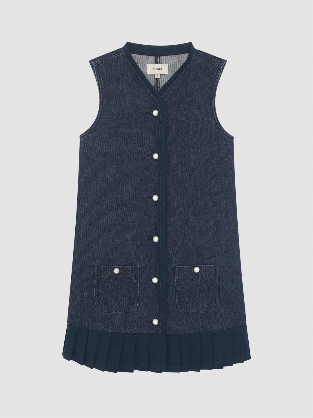 DL1961 girls' Manning vest dress in dark indigo denim 'Midnight Run' with pearl buttons, flat front view.