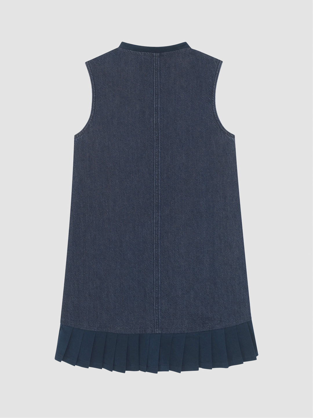 DL1961 girls' Manning vest dress in dark indigo denim 'Midnight Run' with a pleated hem, flat back view.