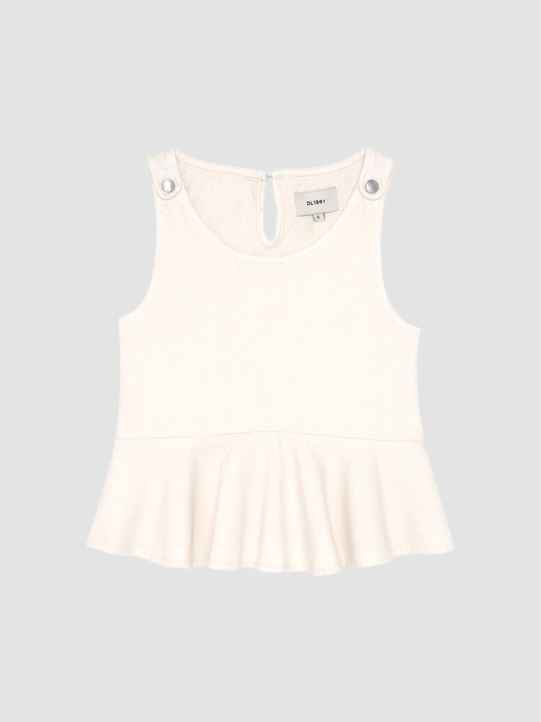 DL1961 girls' Hana top in cream 'Sugar Cookie', flat front view with shoulder snaps and peplum hem.