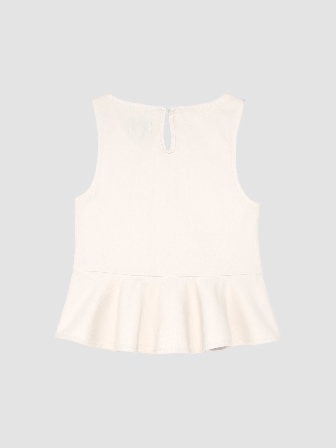 DL1961 girls' Hana top in cream 'Sugar Cookie', flat back view with keyhole and peplum hem.