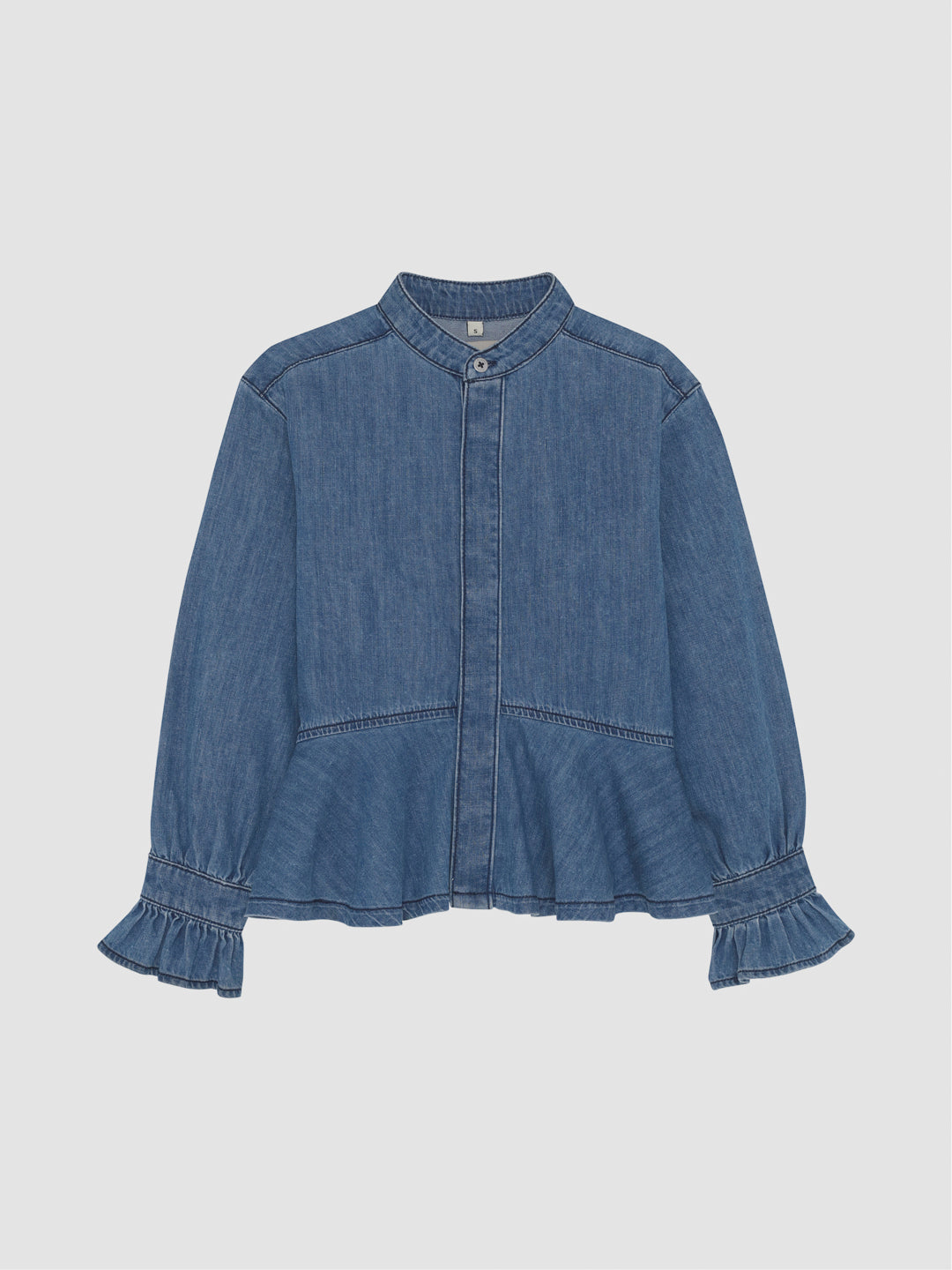 DL1961 girls' Simona top in blue 'Blue Dream', flat front view with mock collar and ruffled cuffs.