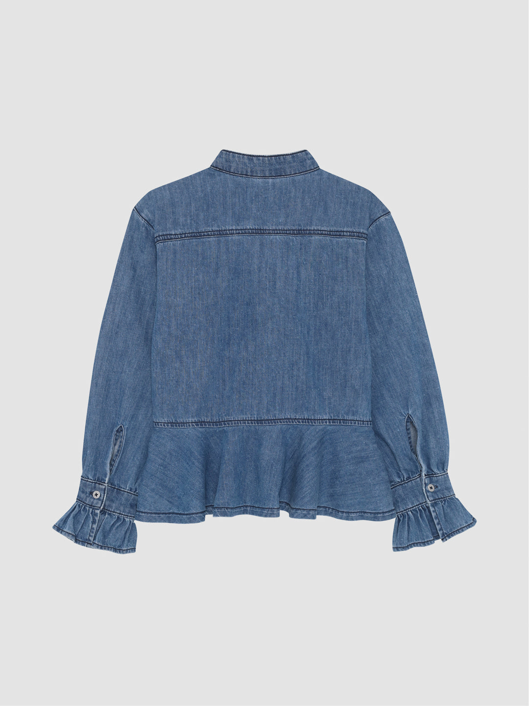 DL1961 girls' Simona top in blue 'Blue Dream', flat back view with ruffled cuffs and peplum hem.