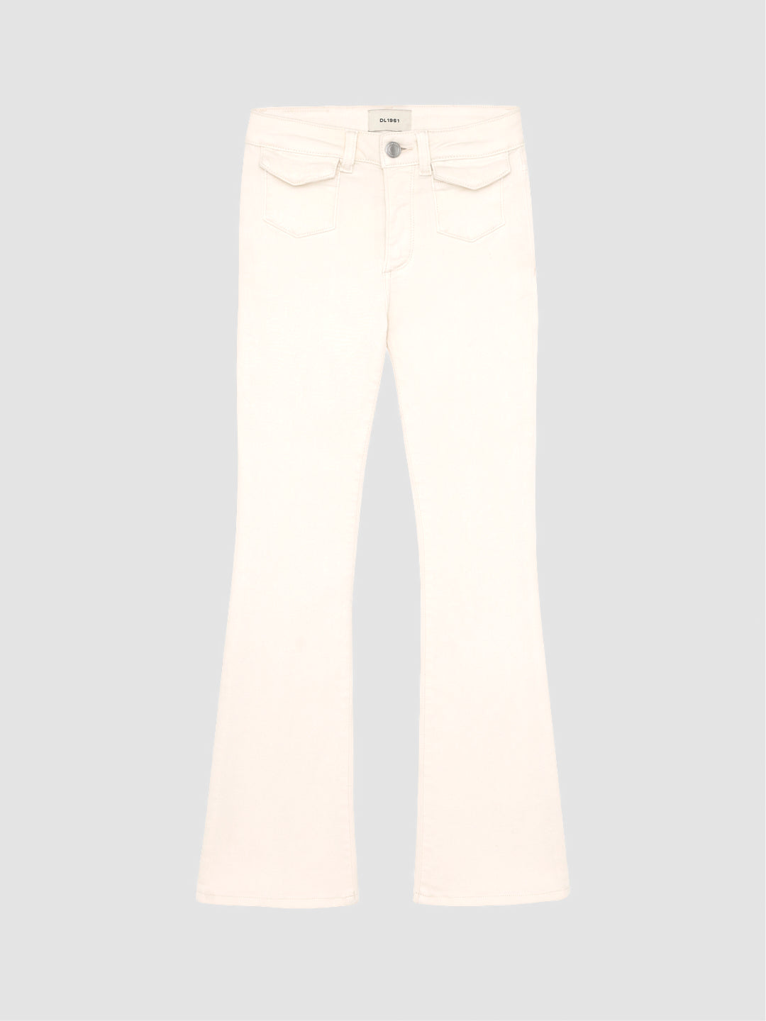 DL1961 girls' Claire bootcut jeans in cream 'Sugar Cookie', flat front view with silver button.
