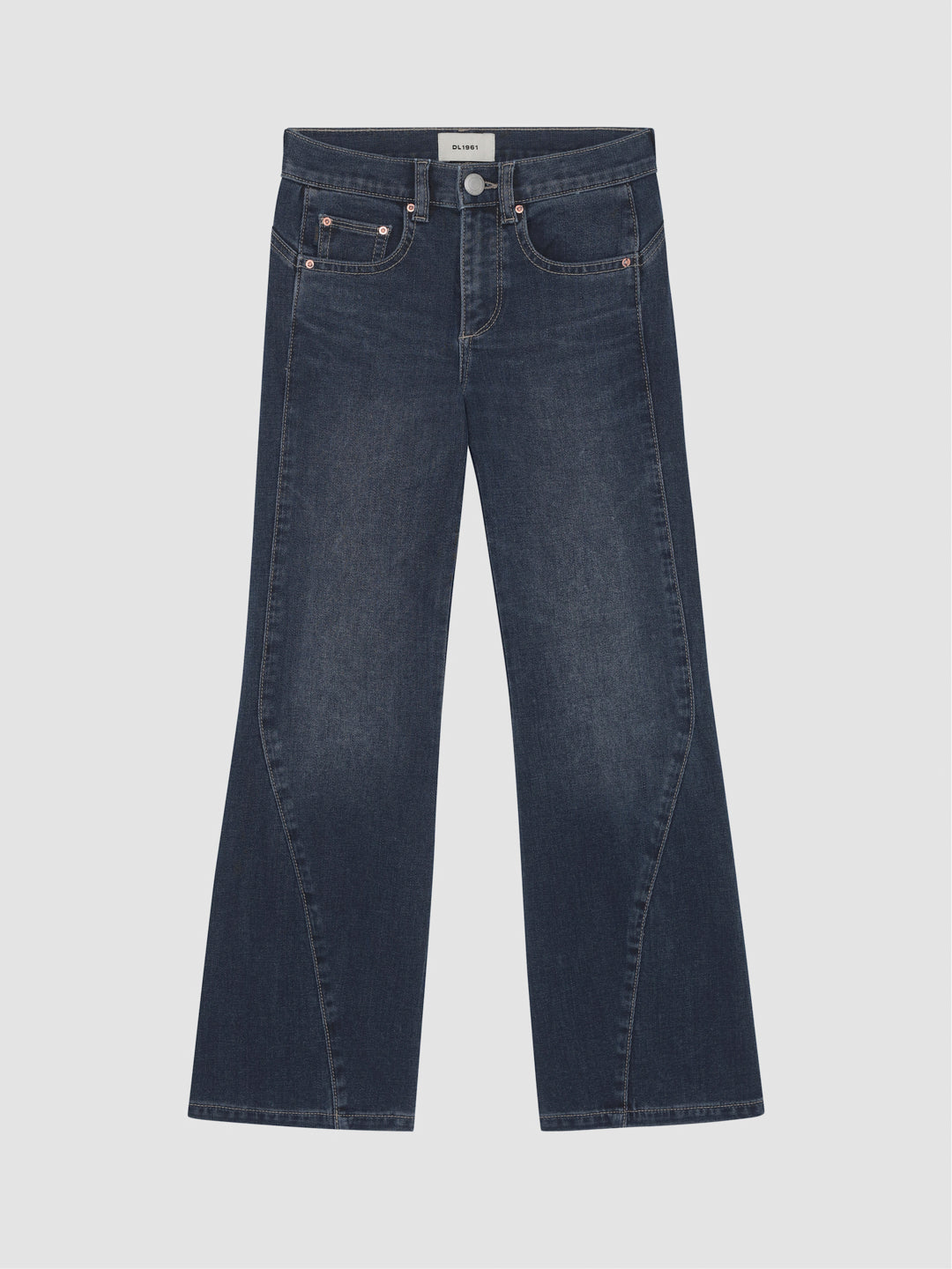 DL1961 girls' Cleo low-rise bootcut jeans in dark indigo 'Nightlight', flat front view with fading.