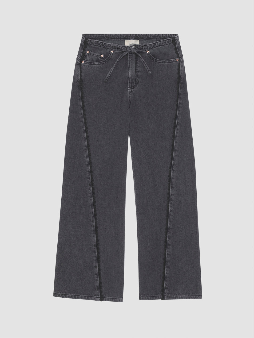 DL1961 girls' Frankie Low-Slung Wide-Leg jeans in washed charcoal 'Nightshade Lace', flat front with tie waist.