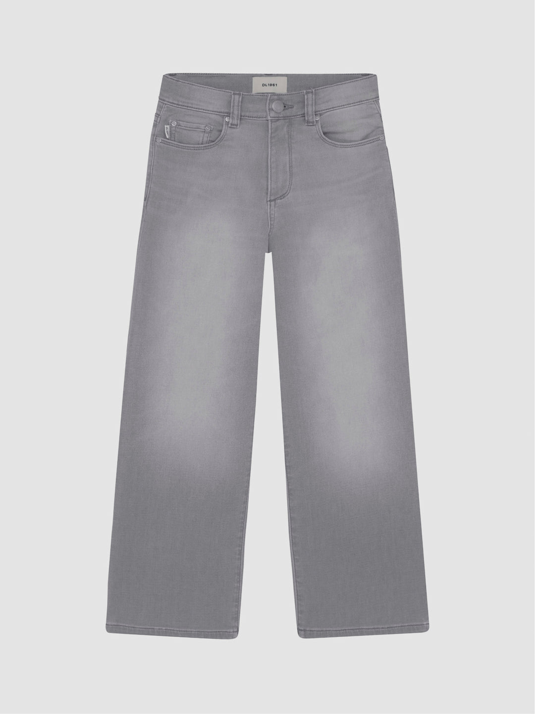 DL1961 girls' Lily wide-leg jeans in light grey 'Washed Grey Knit', flat front view with fading.