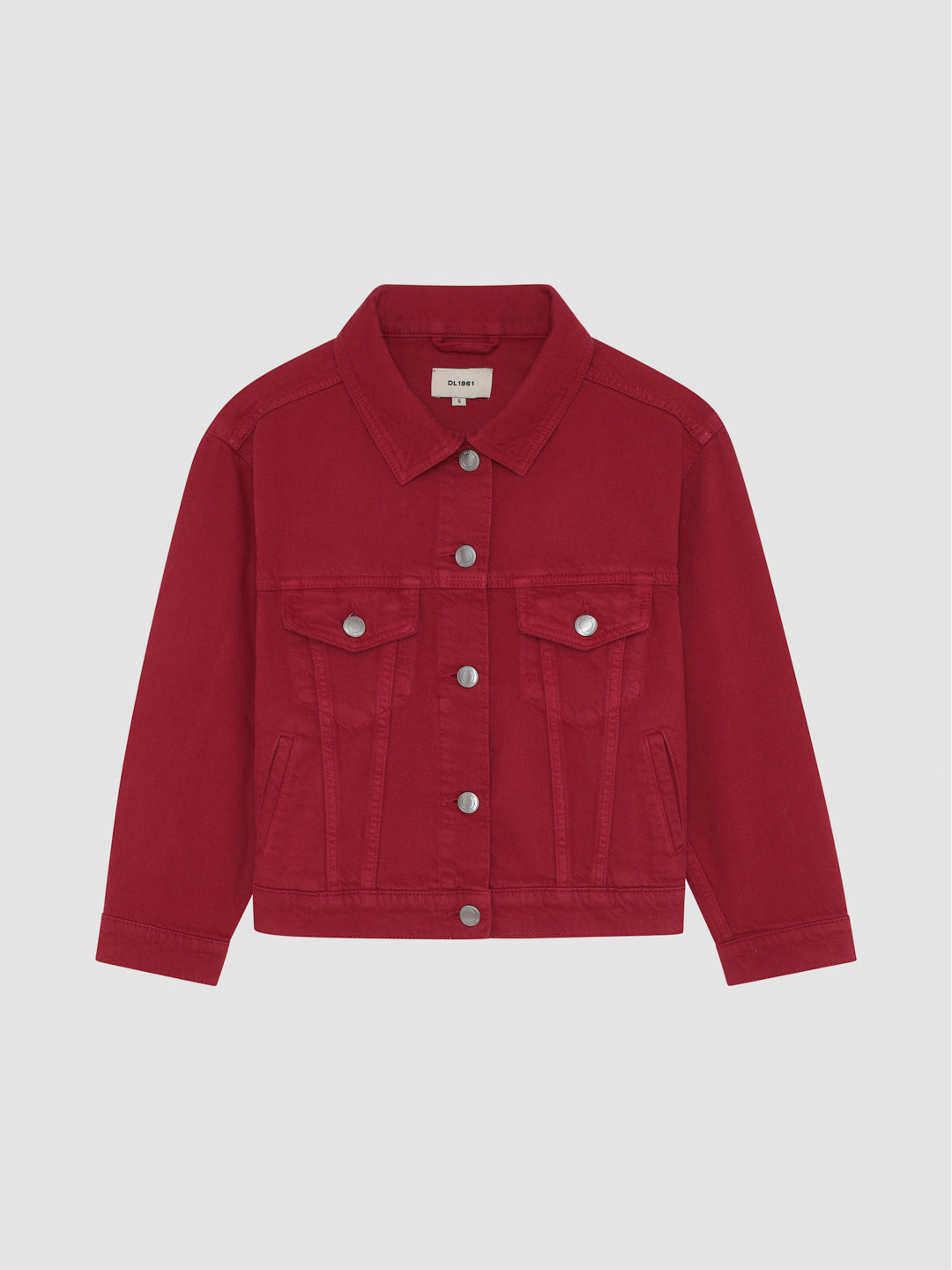 DL1961 girls' Jordyn trucker jacket in raspberry red 'Rouge', flat front view with silver snaps.