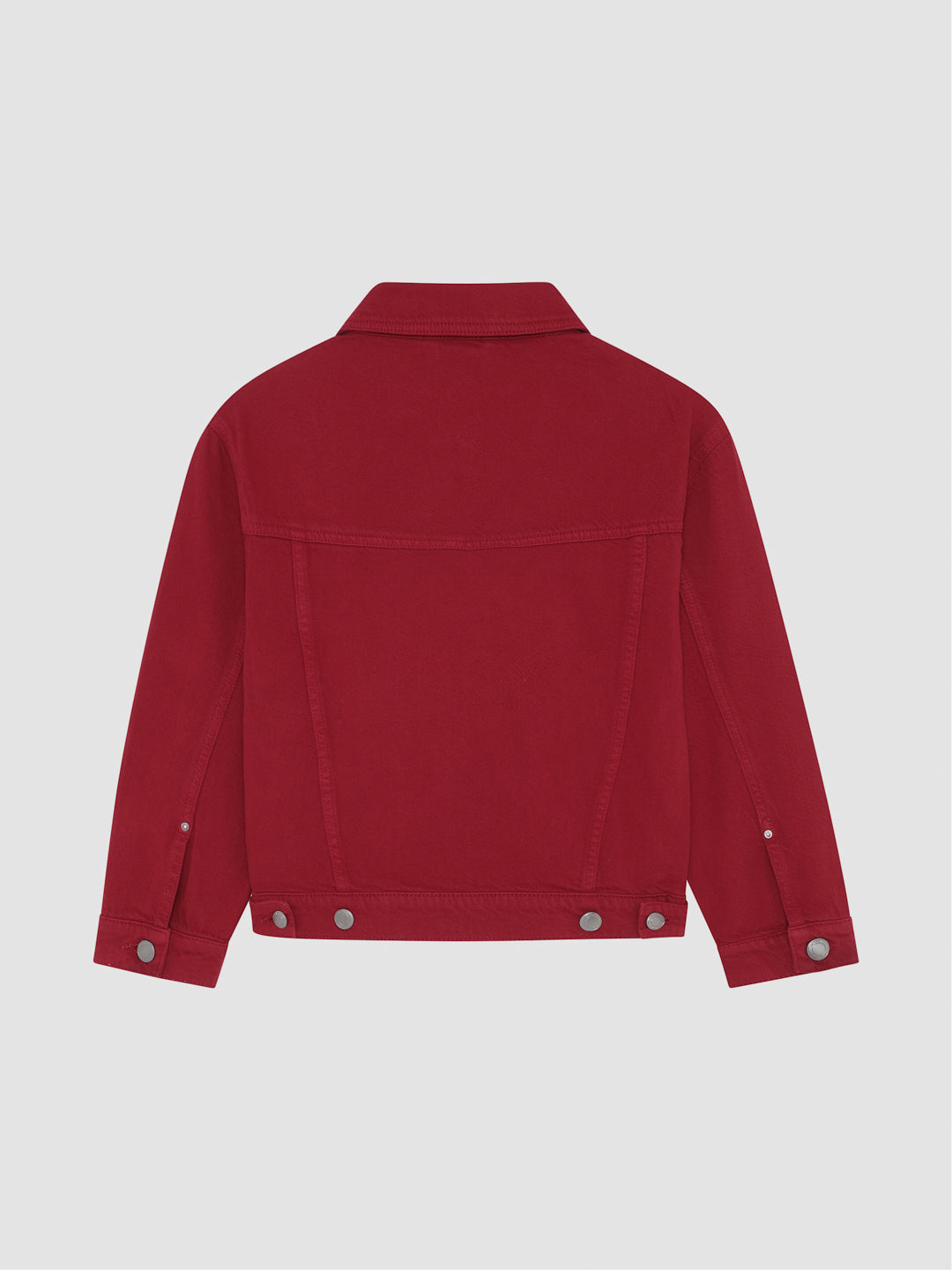 DL1961 girls' Jordyn trucker jacket in raspberry red 'Rouge', flat back view with snap cuffs.