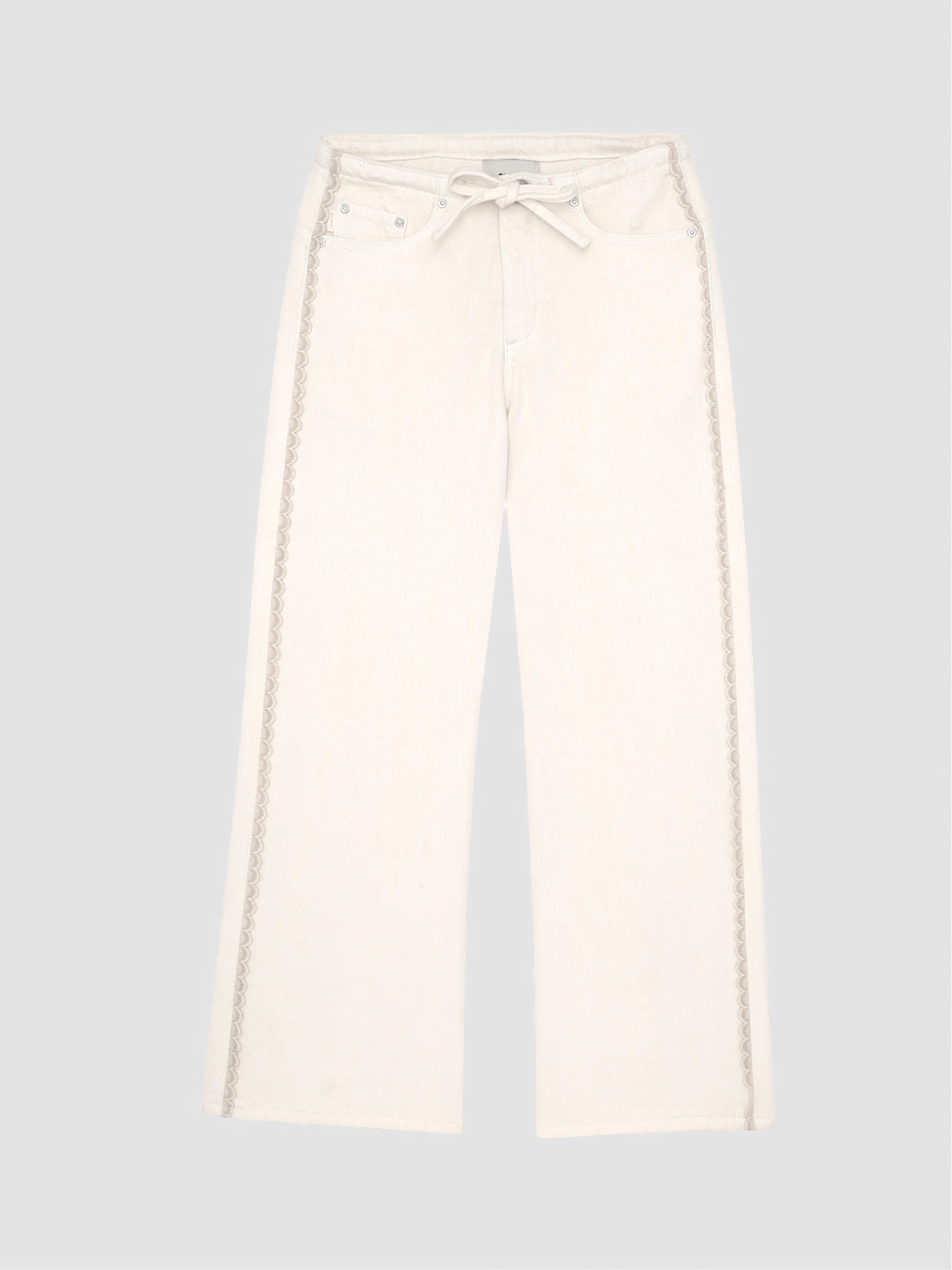 DL1961 girls' Frankie low-slung wide-leg jeans in cream 'Lace Sugar Cookie', flat front with lace trim.