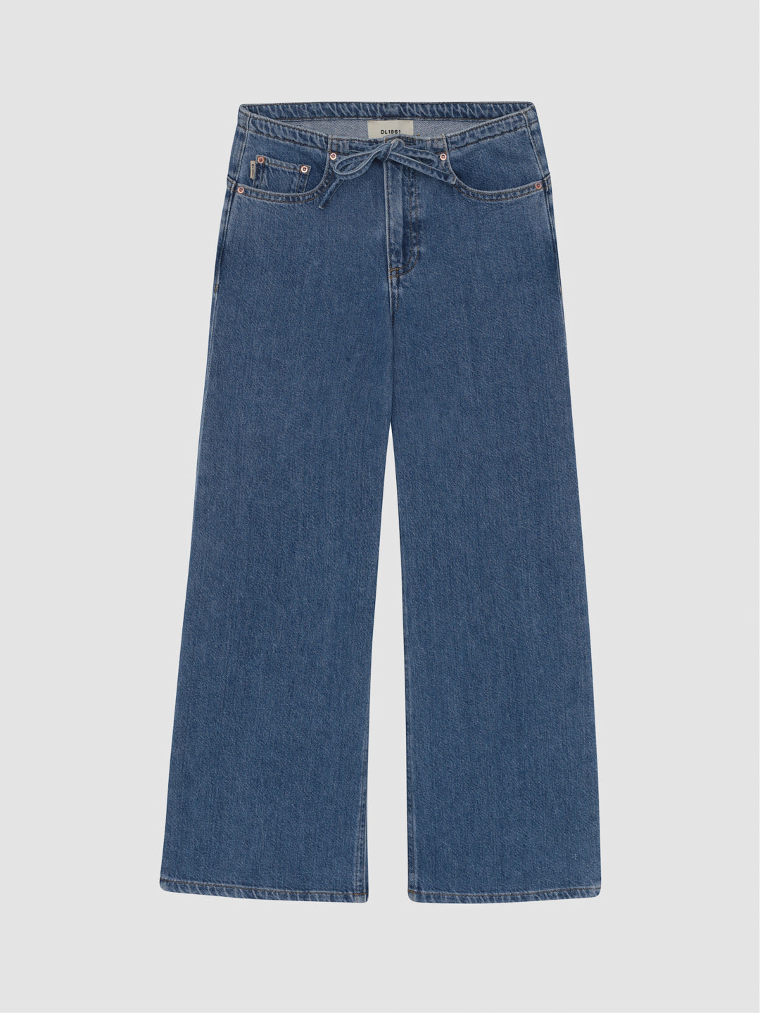 DL1961 girls' Frankie Low-Slung Wide-Leg jeans in medium-wash blue 'Denim Dream', flat front with tie waist.