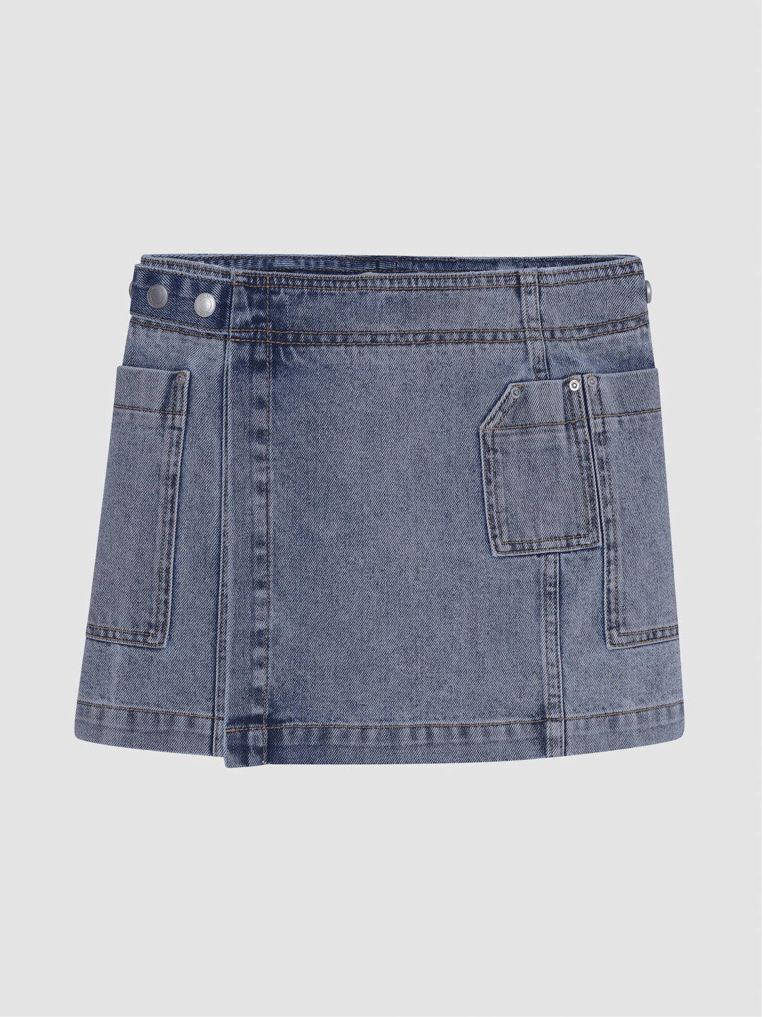 DL1961 girls' Selina wrap mini skirt in light blue 'Silver Stream', flat front with snaps and patch pockets.