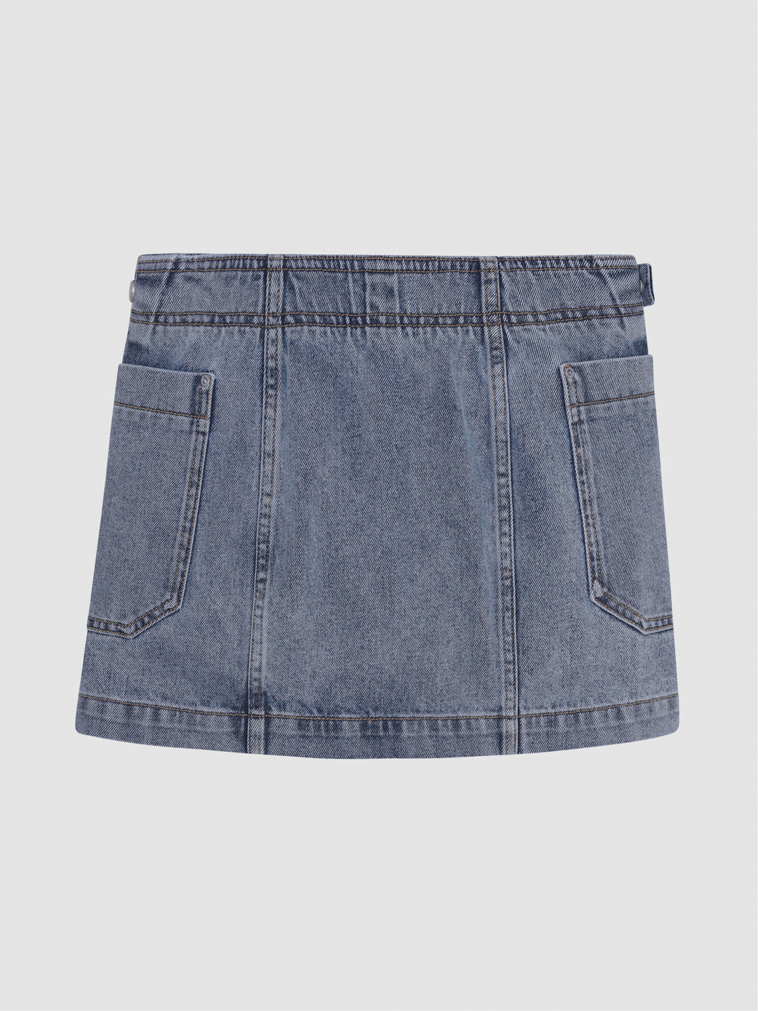DL1961 girls' Selina wrap mini skirt in light blue 'Silver Stream', flat back view with patch pockets.