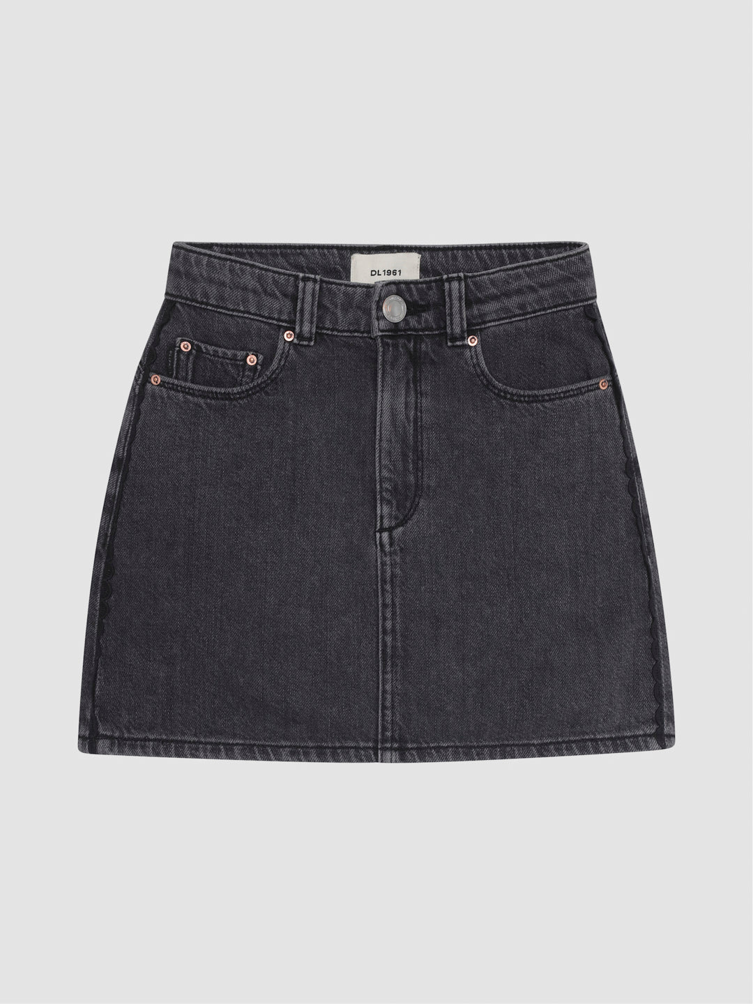 DL1961 girls' Lane Classic mini skirt in washed black 'Nightshade Lace', flat front five-pocket view.